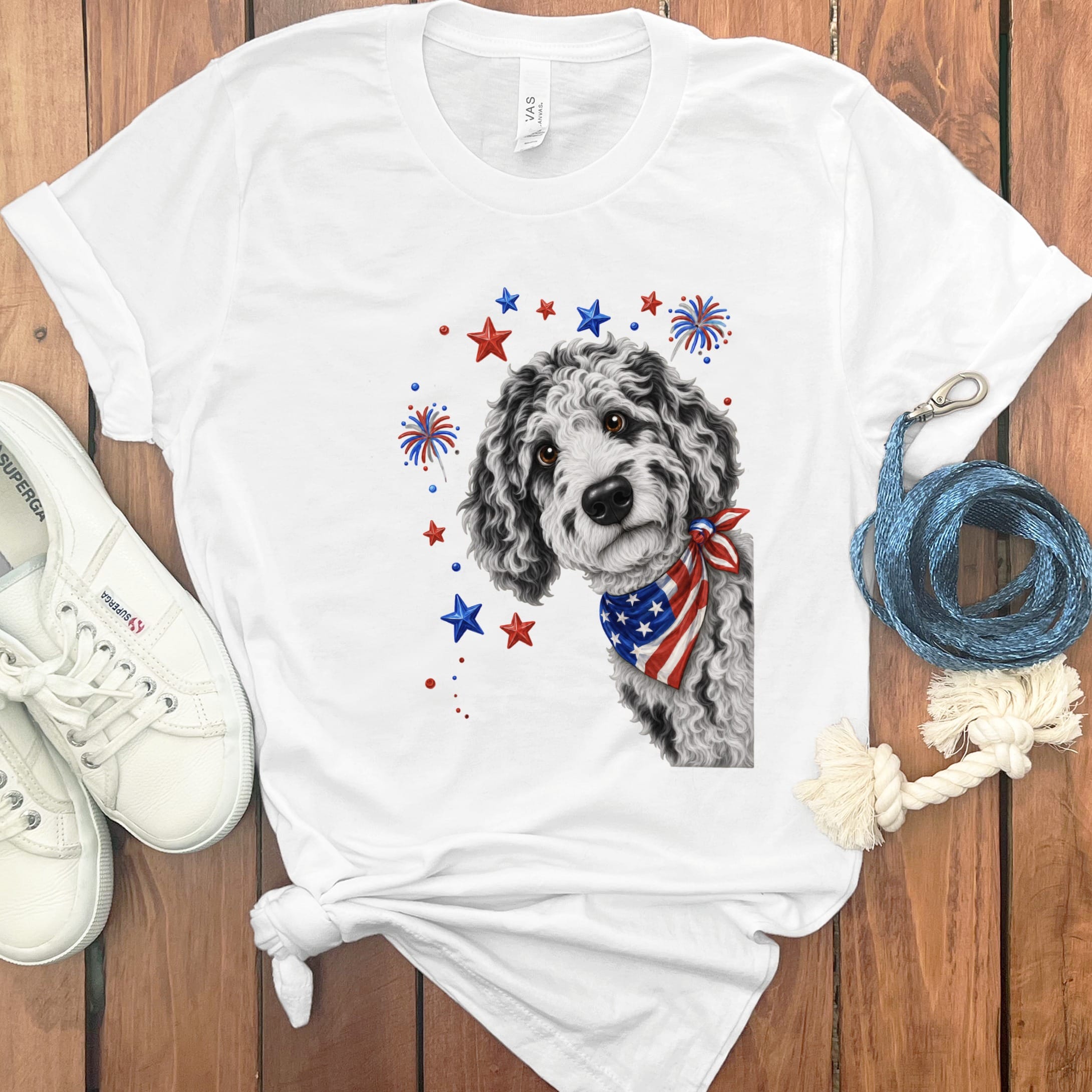 Peeking Merle Goldendoodle Patriotic T-Shirt in White / S by Puppy Jo