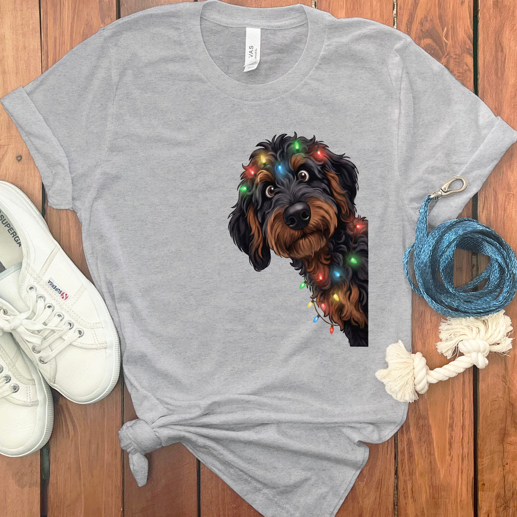 Peeking Phantom Goldendoodle Holiday T-Shirt in Athletic Heather / M / T-Shirts by Puppy Jo