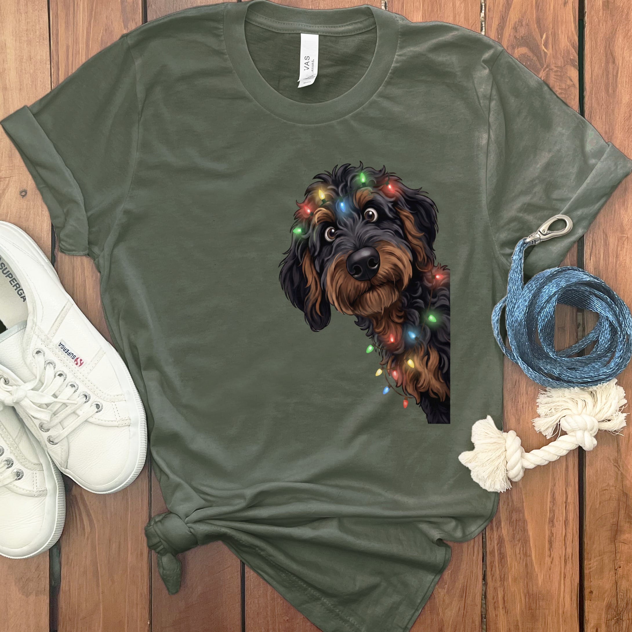 Peeking Phantom Goldendoodle Holiday T-Shirt in Military Green / M / T-Shirts by Puppy Jo