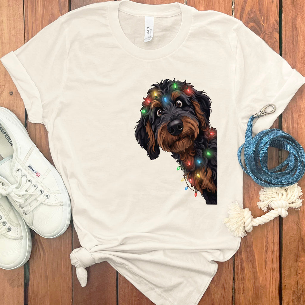 Peeking Phantom Goldendoodle Holiday T-Shirt in Natural / M / T-Shirts by Puppy Jo