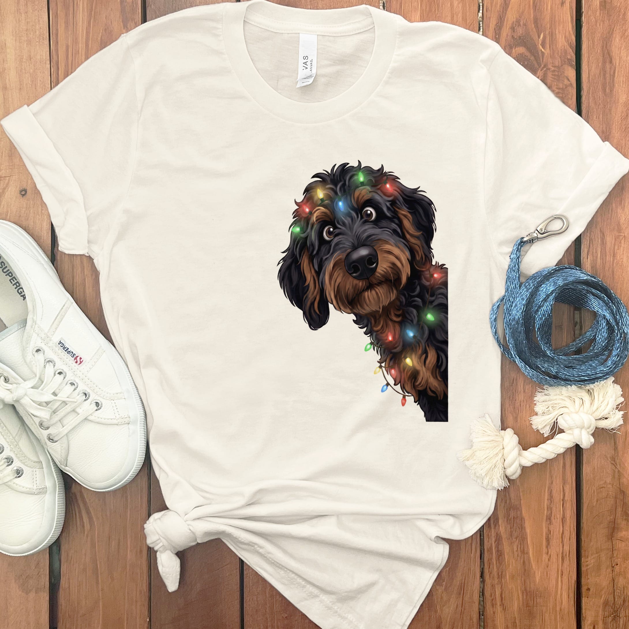 Peeking Phantom Goldendoodle Holiday T-Shirt in Natural / M / T-Shirts by Puppy Jo