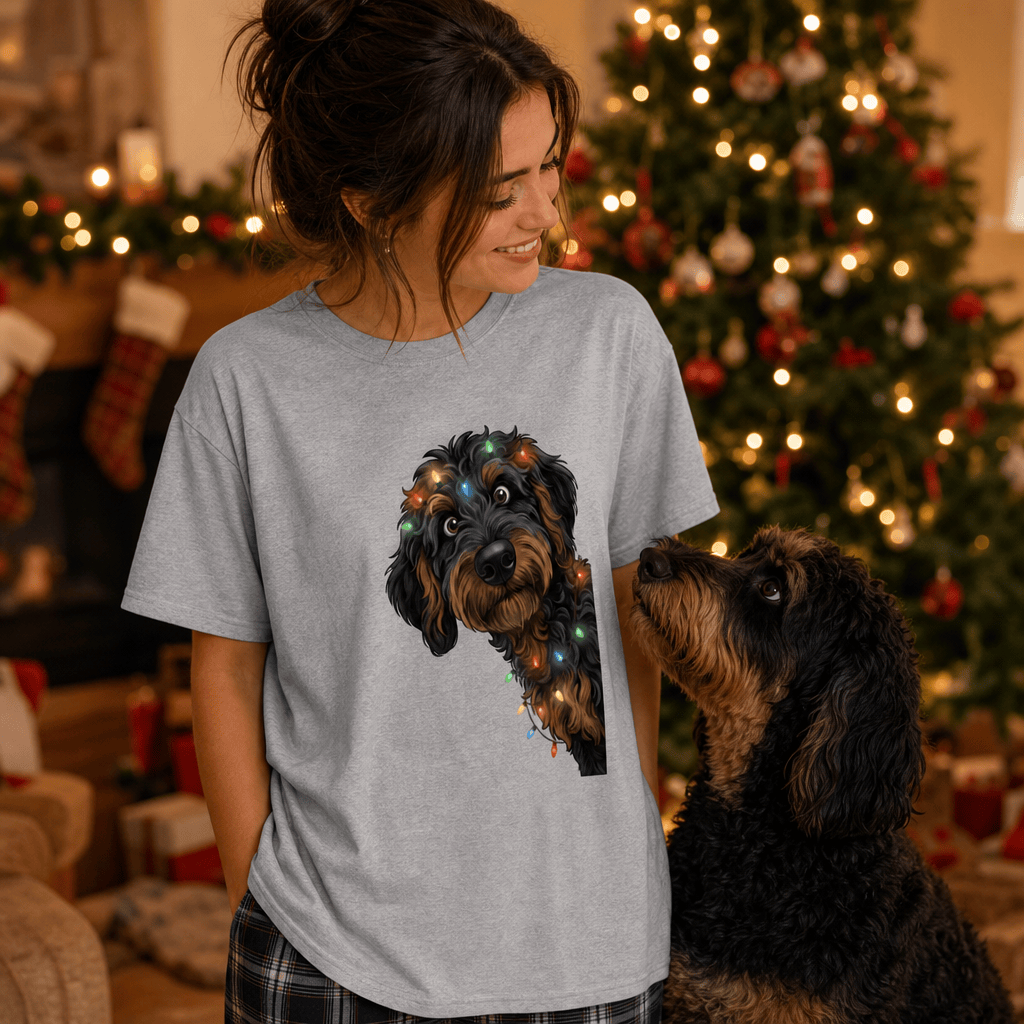 Peeking Phantom Goldendoodle Holiday T-Shirt in by Puppy Jo