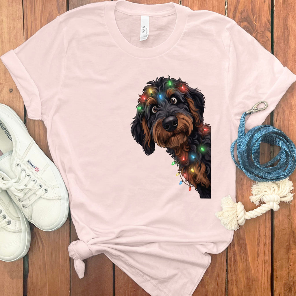 Peeking Phantom Goldendoodle Holiday T-Shirt in Soft Pink / M / T-Shirts by Puppy Jo