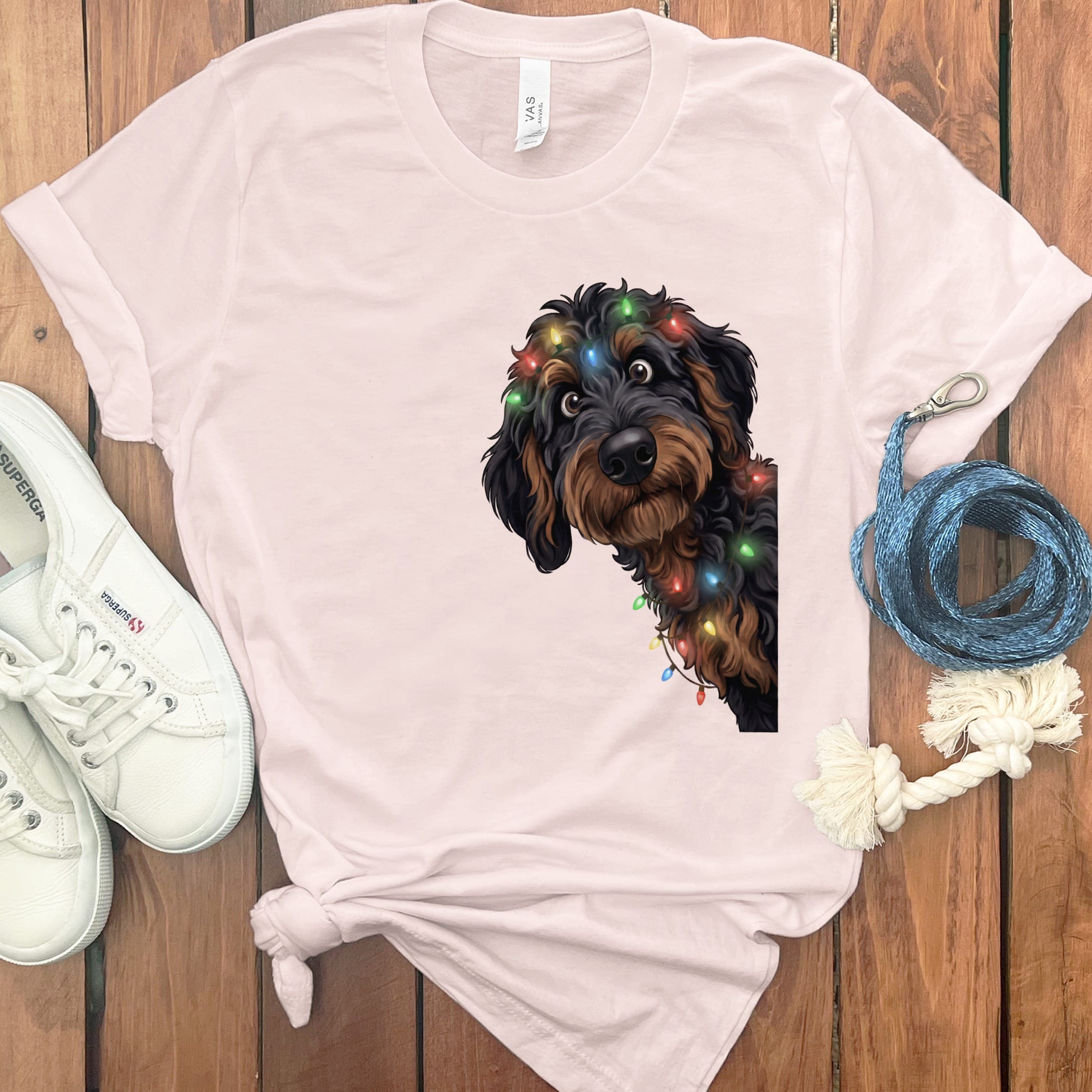 Peeking Phantom Goldendoodle Holiday T-Shirt in Soft Pink / M / T-Shirts by Puppy Jo