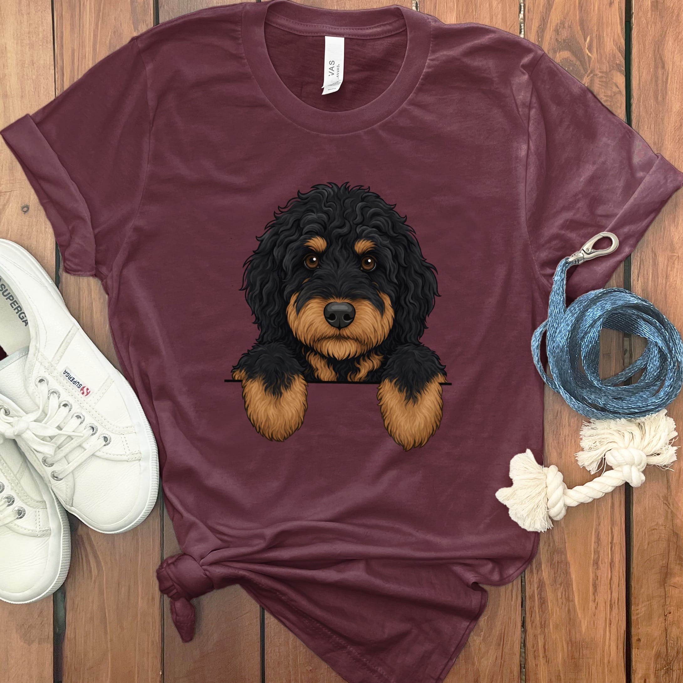 Peeking Phantom Goldendoodle T-Shirt in Maroon / S by Puppy Jo