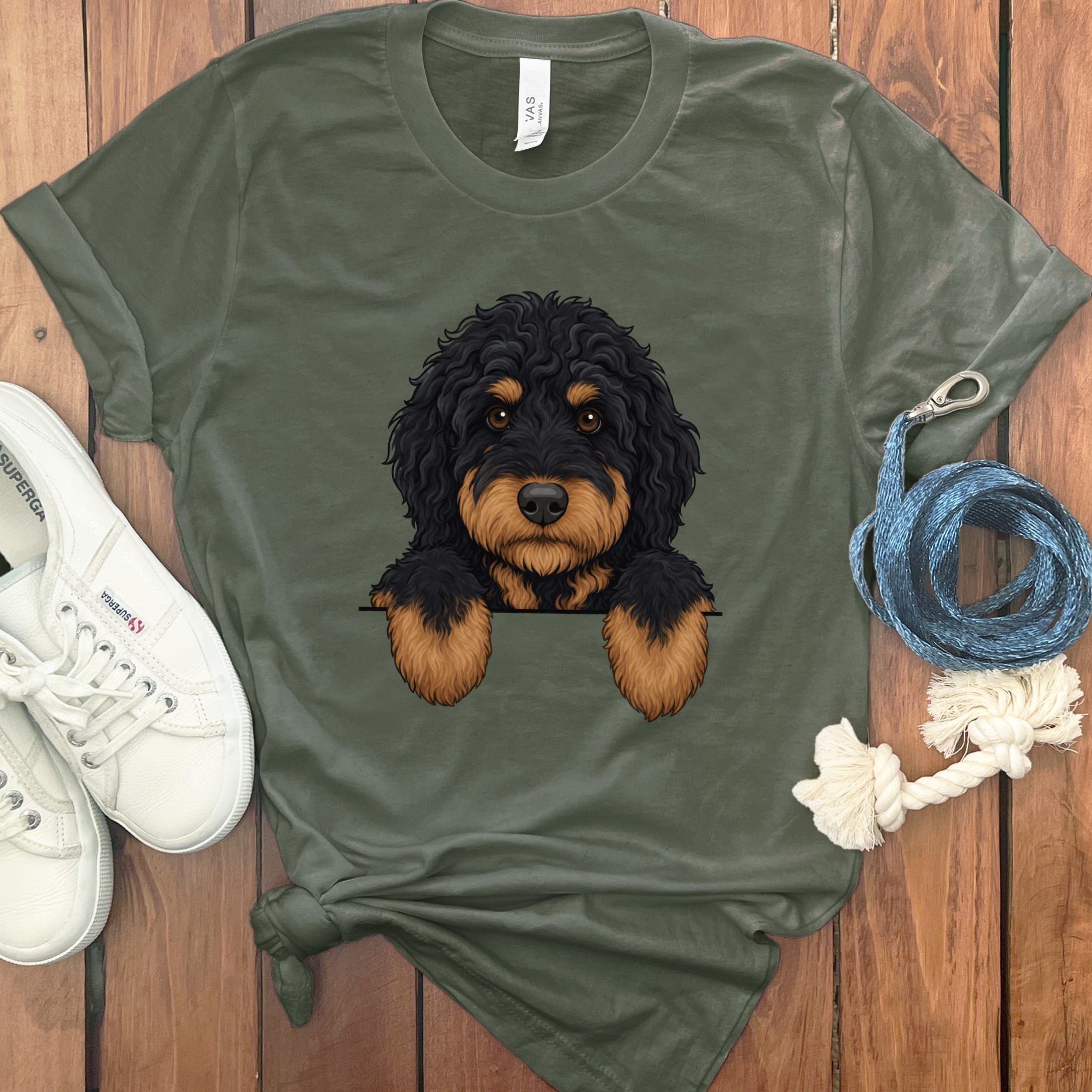 Peeking Phantom Goldendoodle T-Shirt in Military Green / S by Puppy Jo