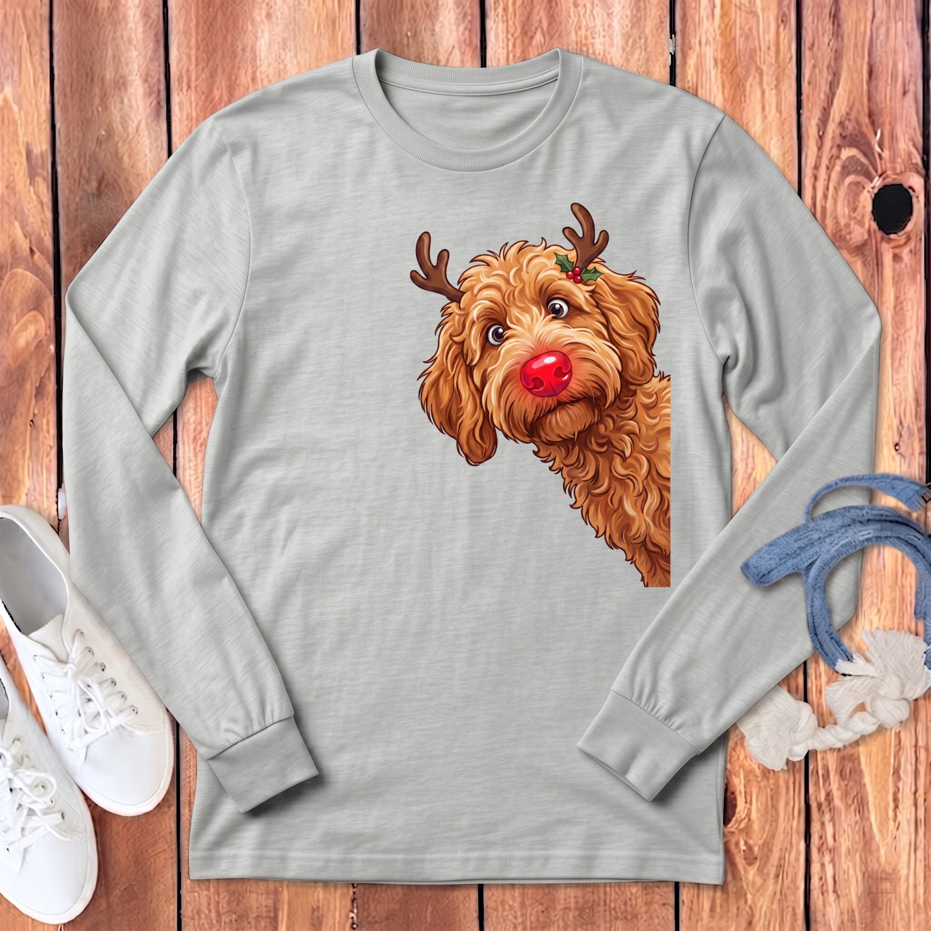 Peeking Rudolph Apricot Goldendoodle Long Sleeve T-Shirt in Athletic Heather / S by Puppy Jo