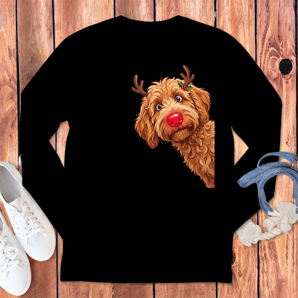 Peeking Rudolph Apricot Goldendoodle Long Sleeve T-Shirt in Black / S by Puppy Jo