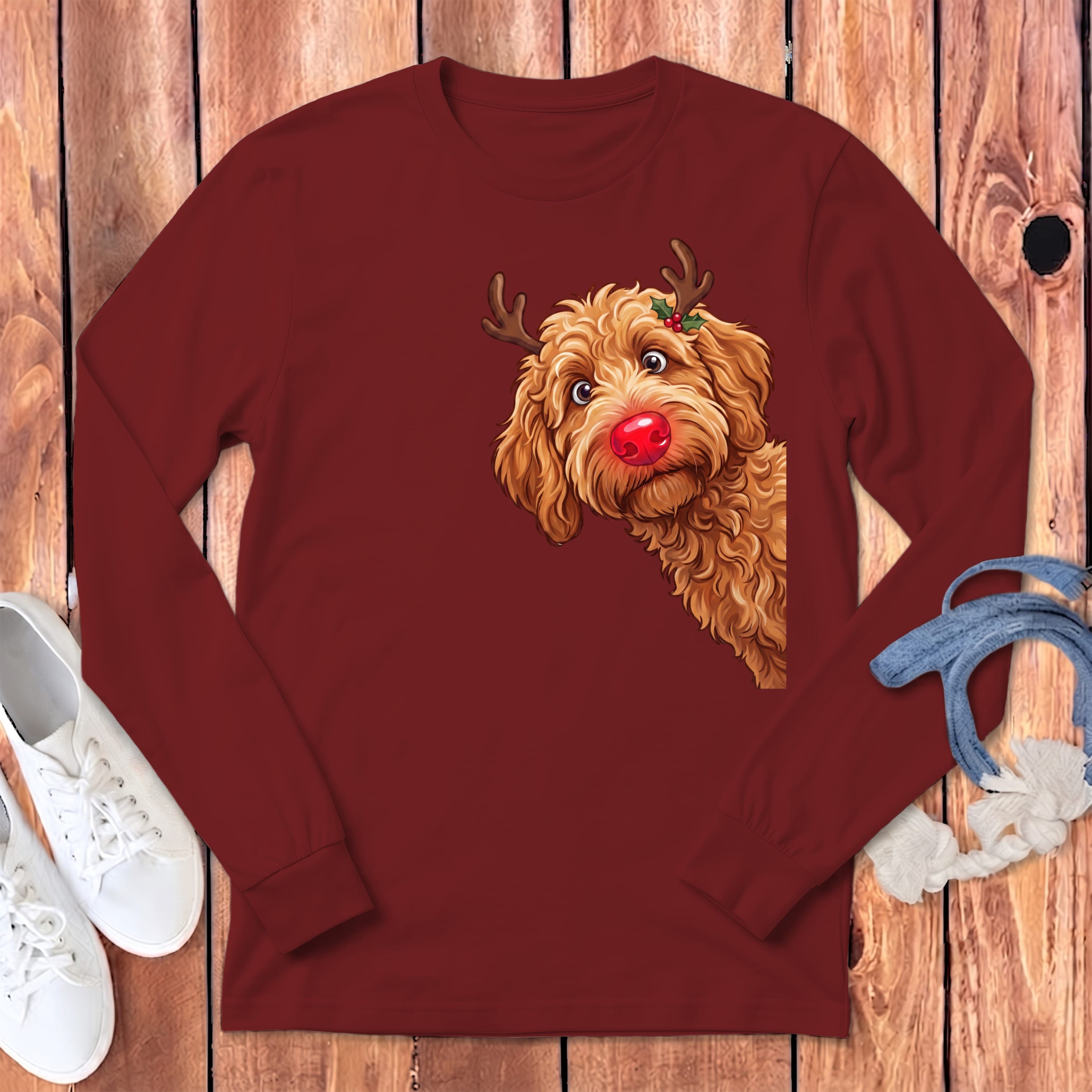 Peeking Rudolph Apricot Goldendoodle Long Sleeve T-Shirt in Cardinal / S by Puppy Jo