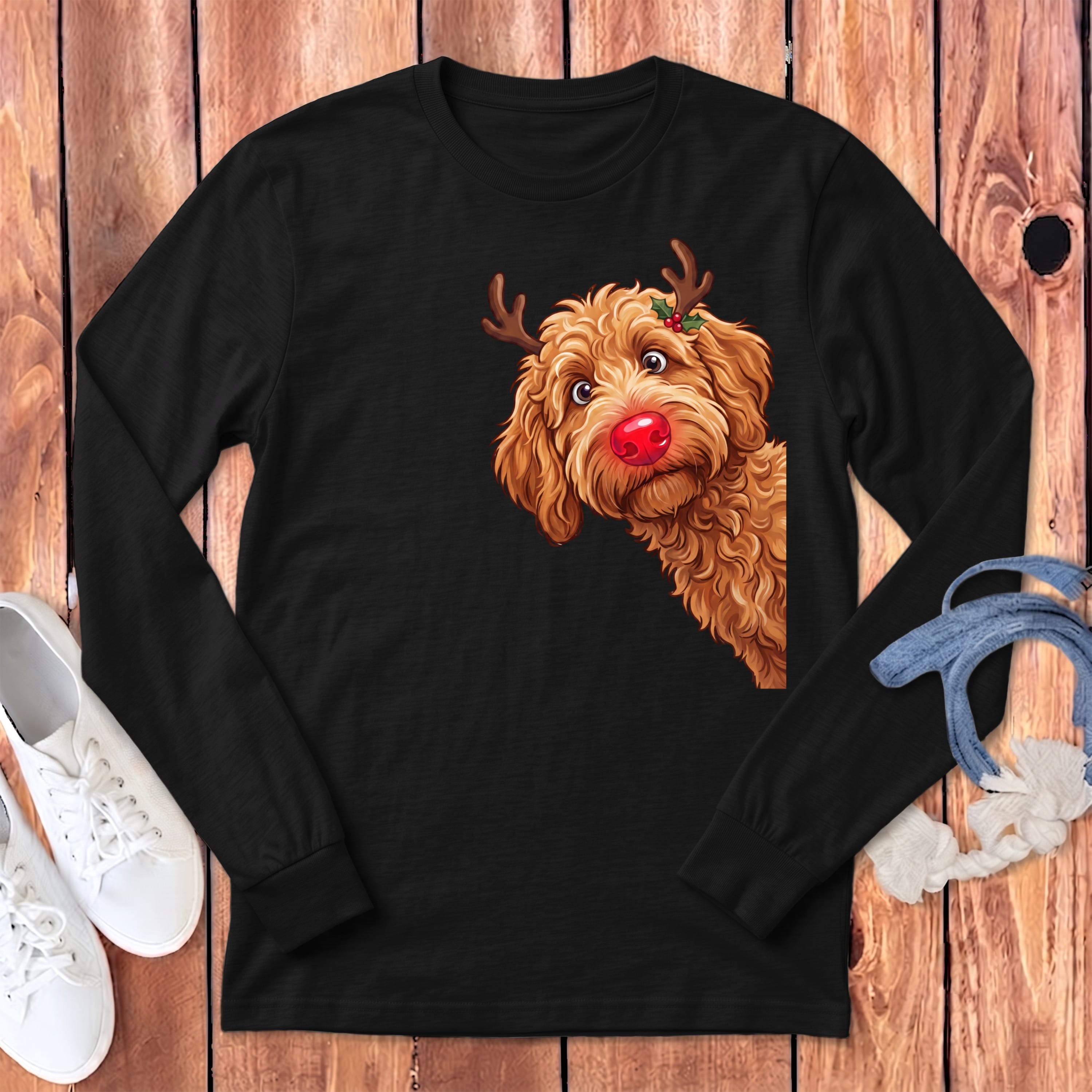 Peeking Rudolph Apricot Goldendoodle Long Sleeve T-Shirt in Dark Grey Heather / S by Puppy Jo