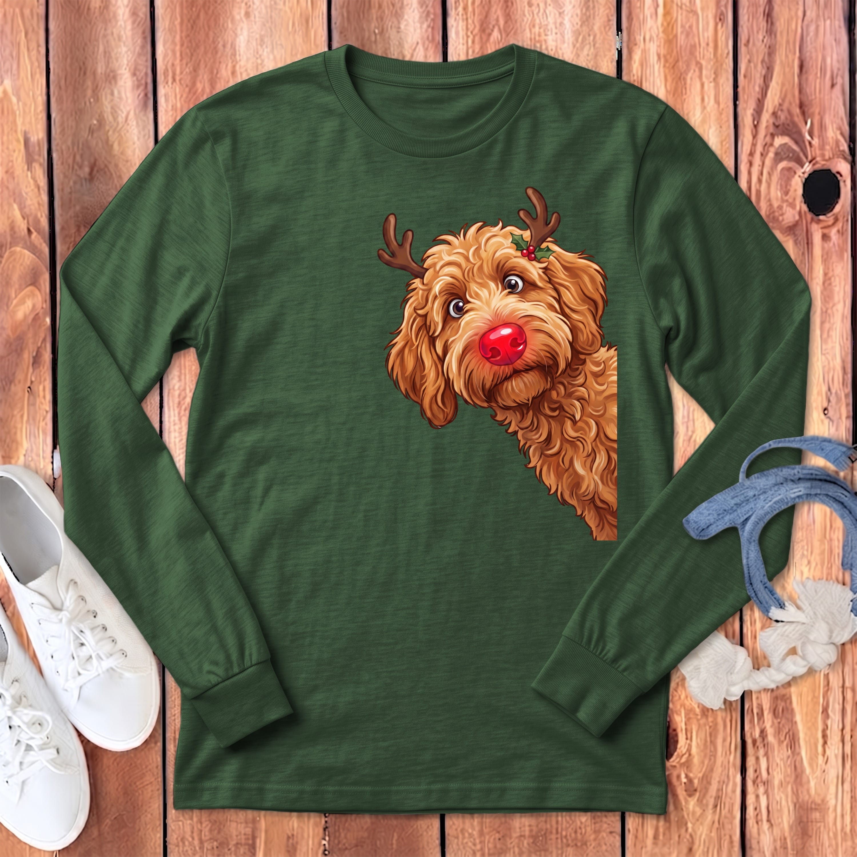 Peeking Rudolph Apricot Goldendoodle Long Sleeve T-Shirt in Heather Forest / S by Puppy Jo
