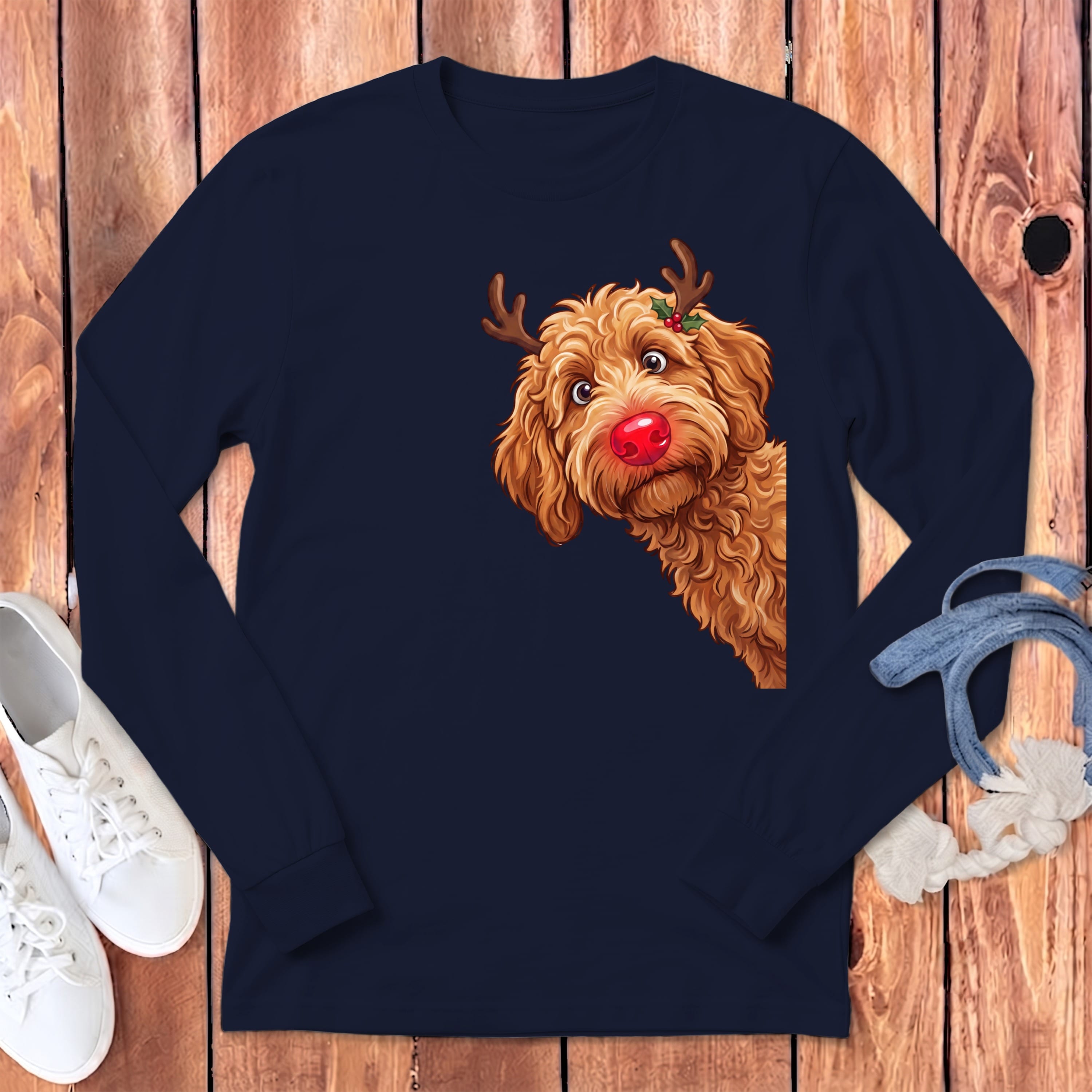 Peeking Rudolph Apricot Goldendoodle Long Sleeve T-Shirt in Navy / S by Puppy Jo