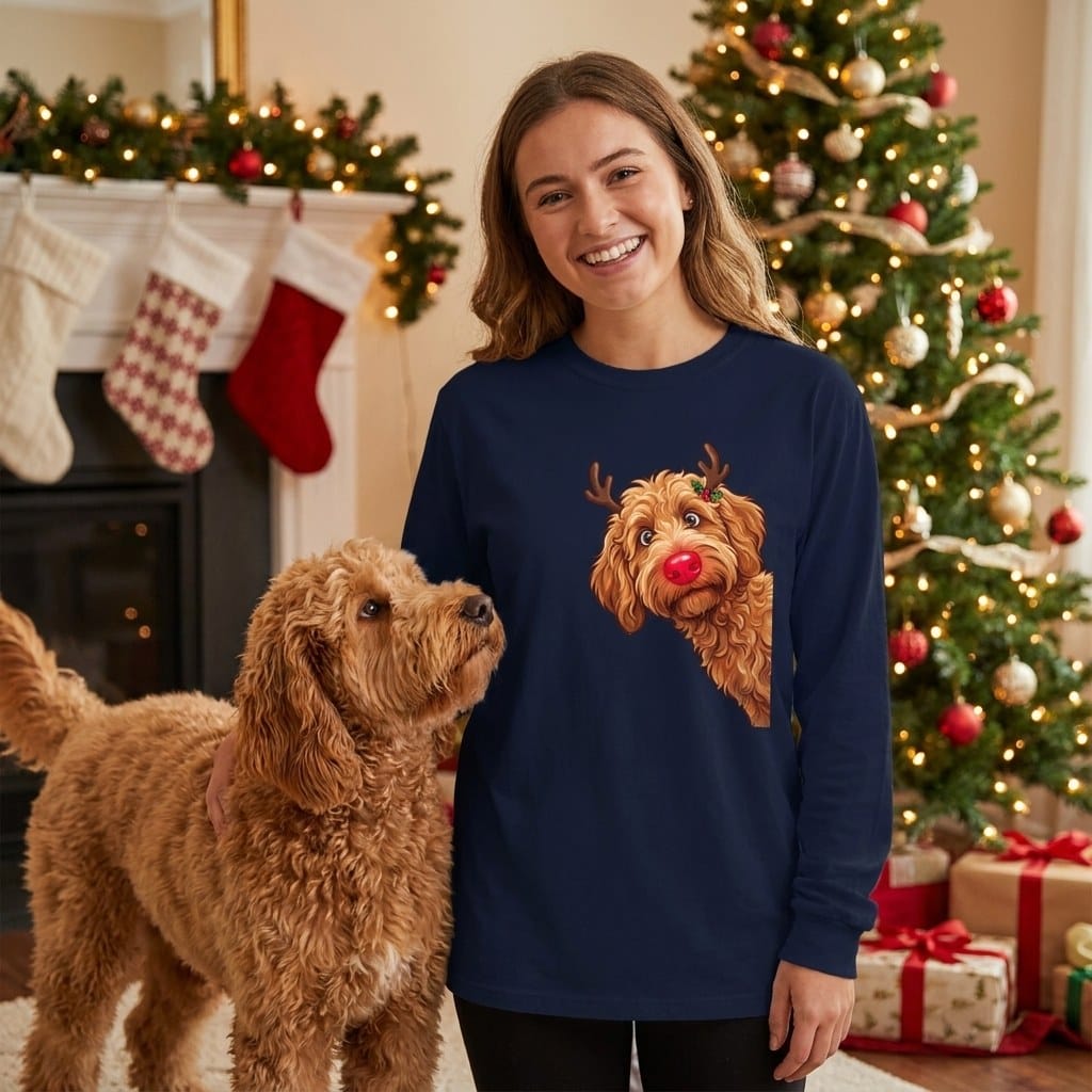 Peeking Rudolph Apricot Goldendoodle Long Sleeve T-Shirt in by Puppy Jo