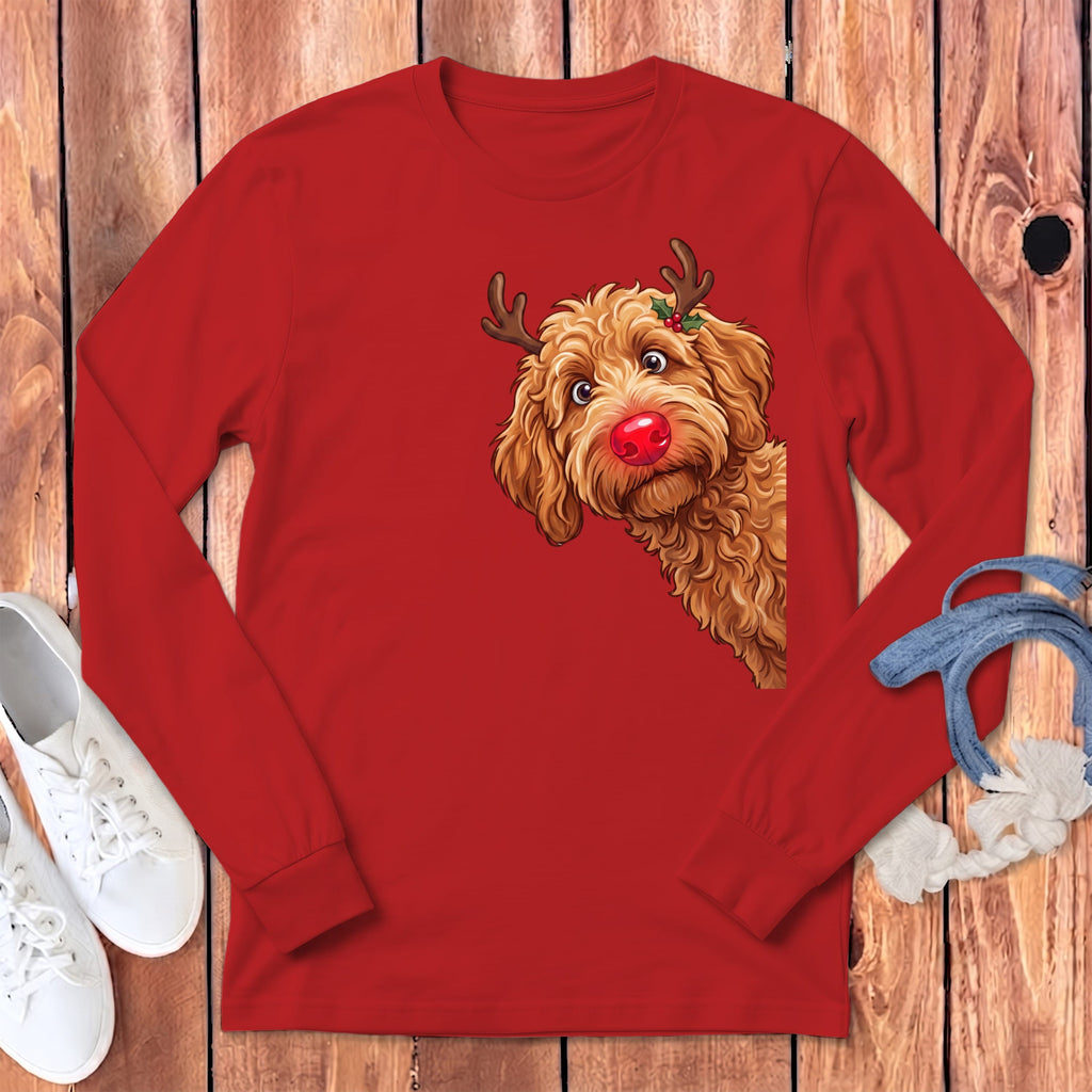 Peeking Rudolph Apricot Goldendoodle Long Sleeve T-Shirt in Red / S by Puppy Jo