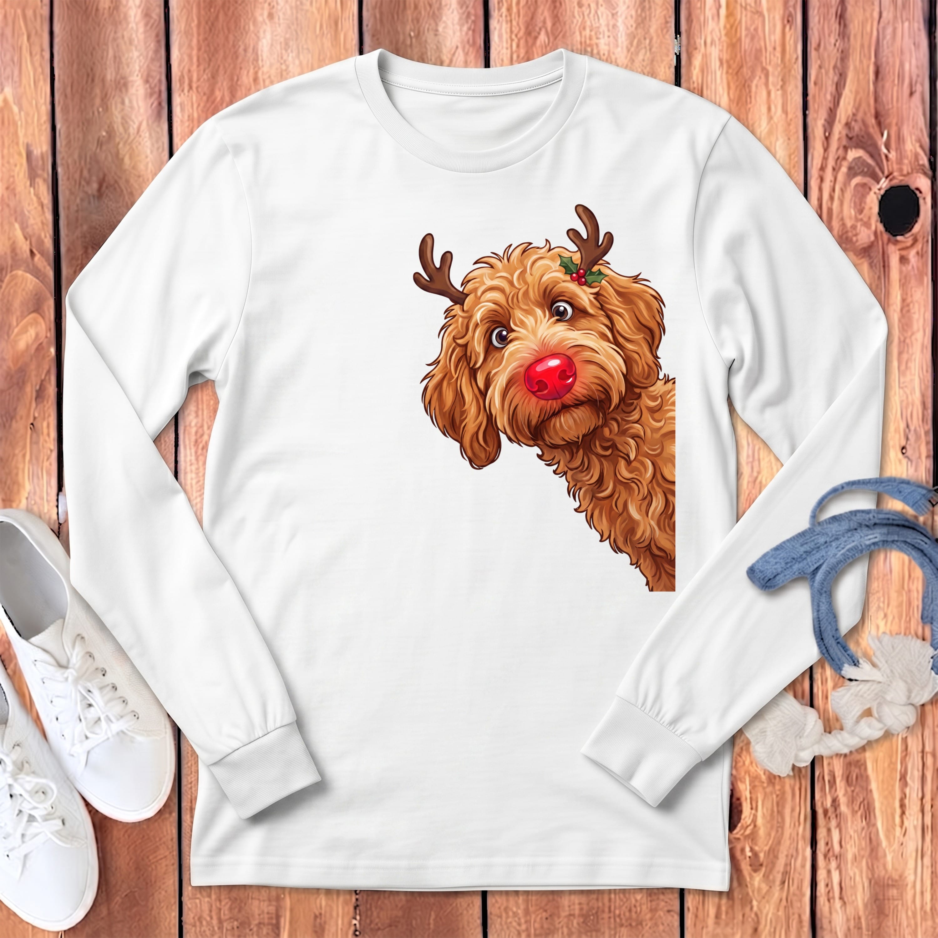 Peeking Rudolph Apricot Goldendoodle Long Sleeve T-Shirt in White / S by Puppy Jo
