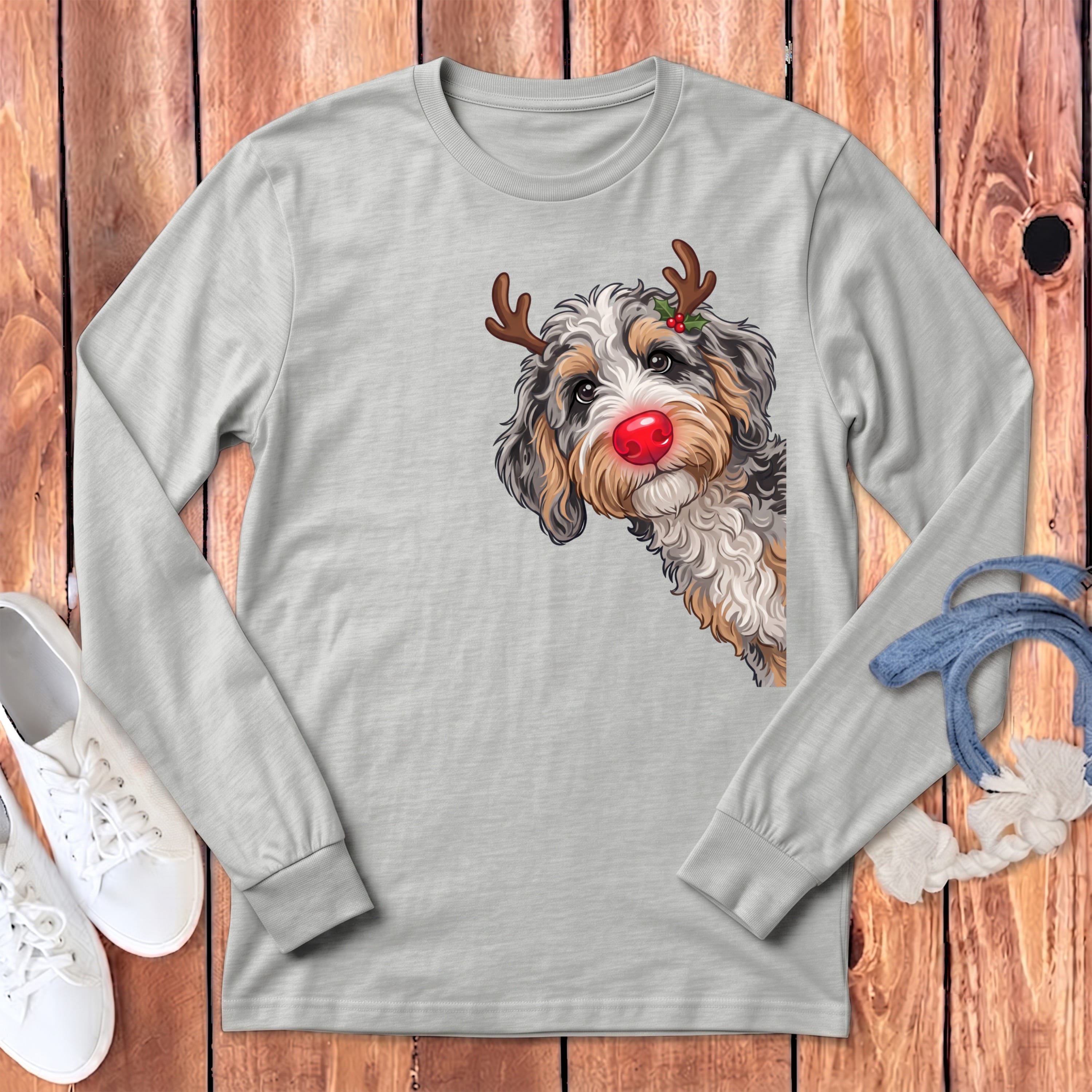 Peeking Rudolph Aussiedoodle Long Sleeve T-Shirt in Athletic Heather / S by Puppy Jo