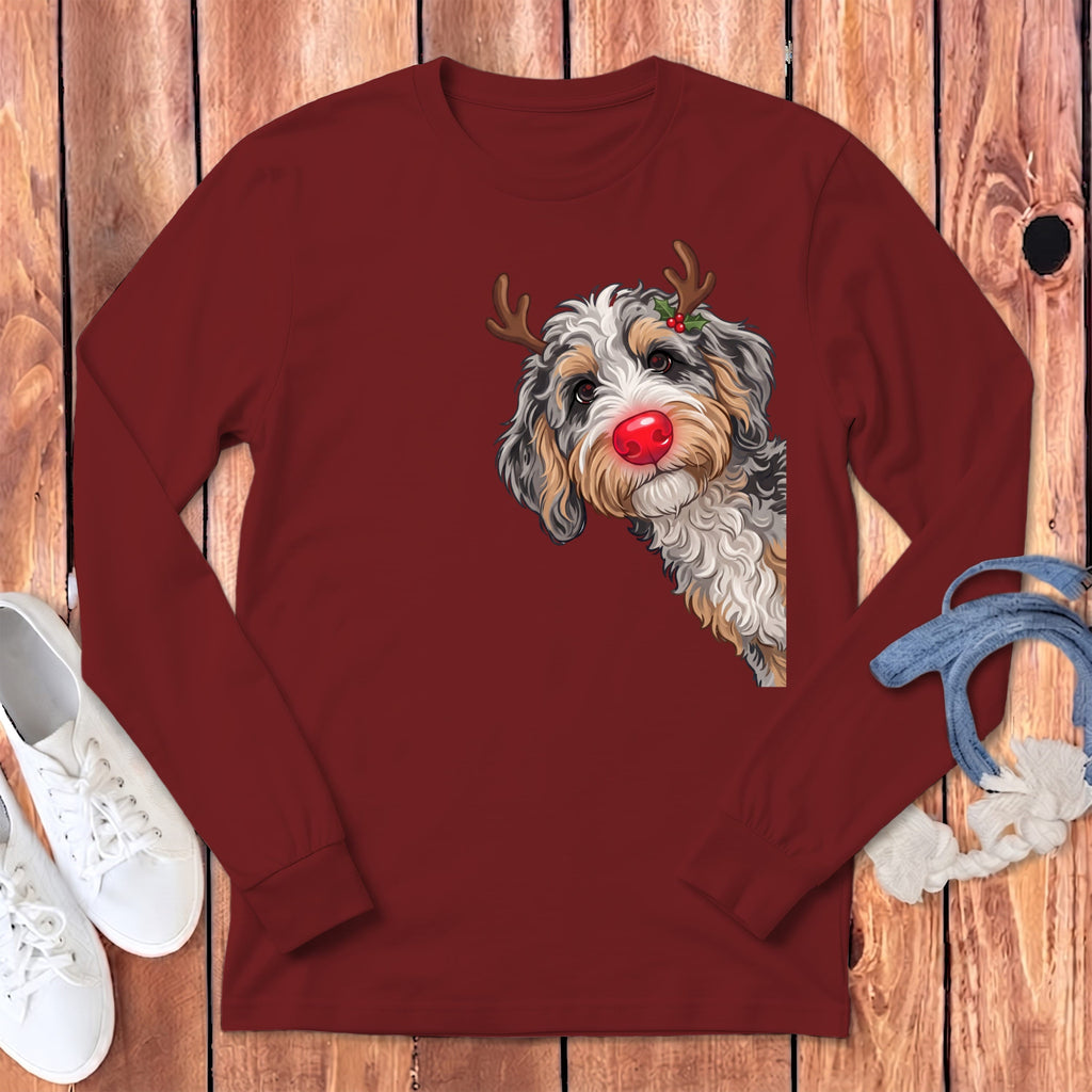 Peeking Rudolph Aussiedoodle Long Sleeve T-Shirt in Cardinal / S by Puppy Jo