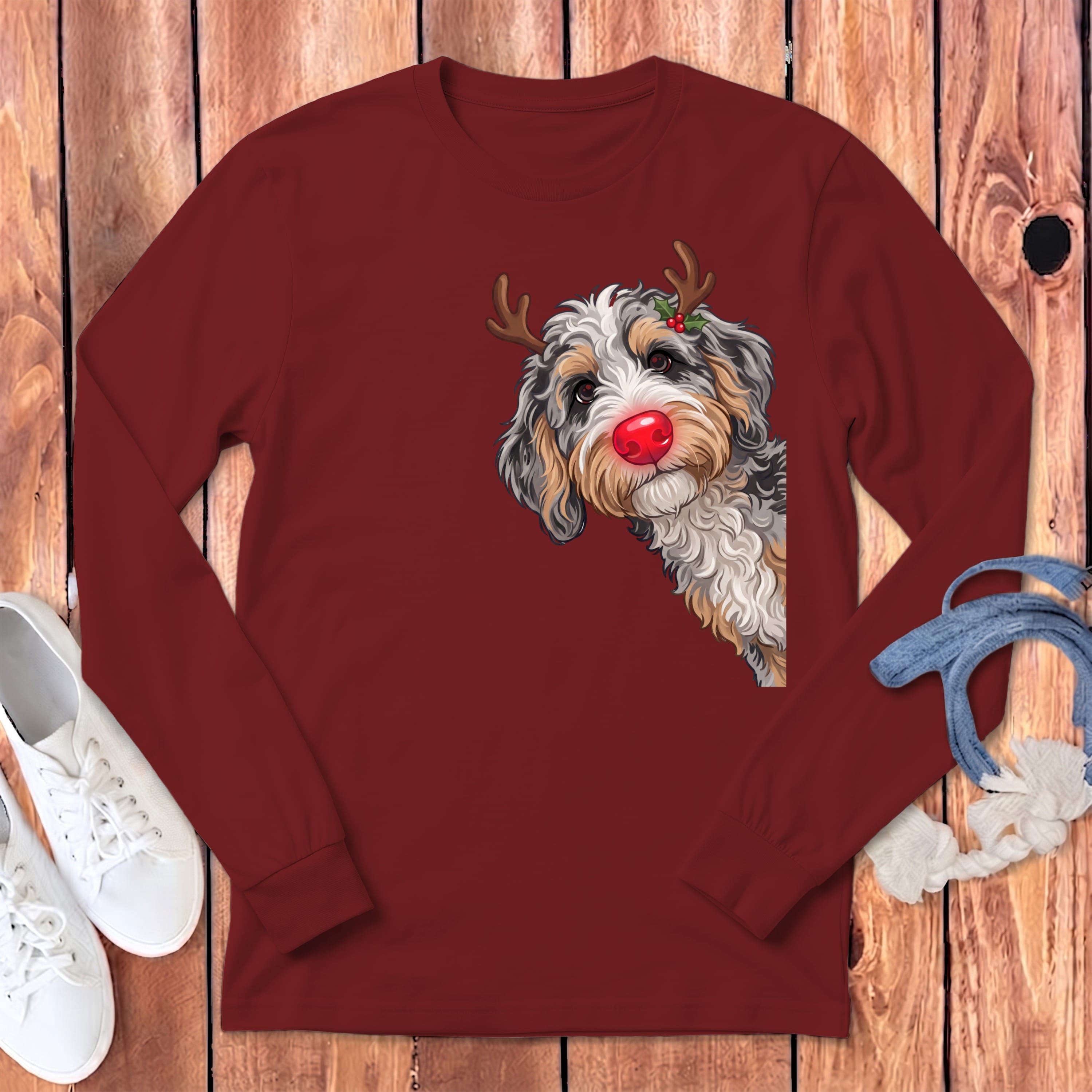 Peeking Rudolph Aussiedoodle Long Sleeve T-Shirt in Cardinal / S by Puppy Jo