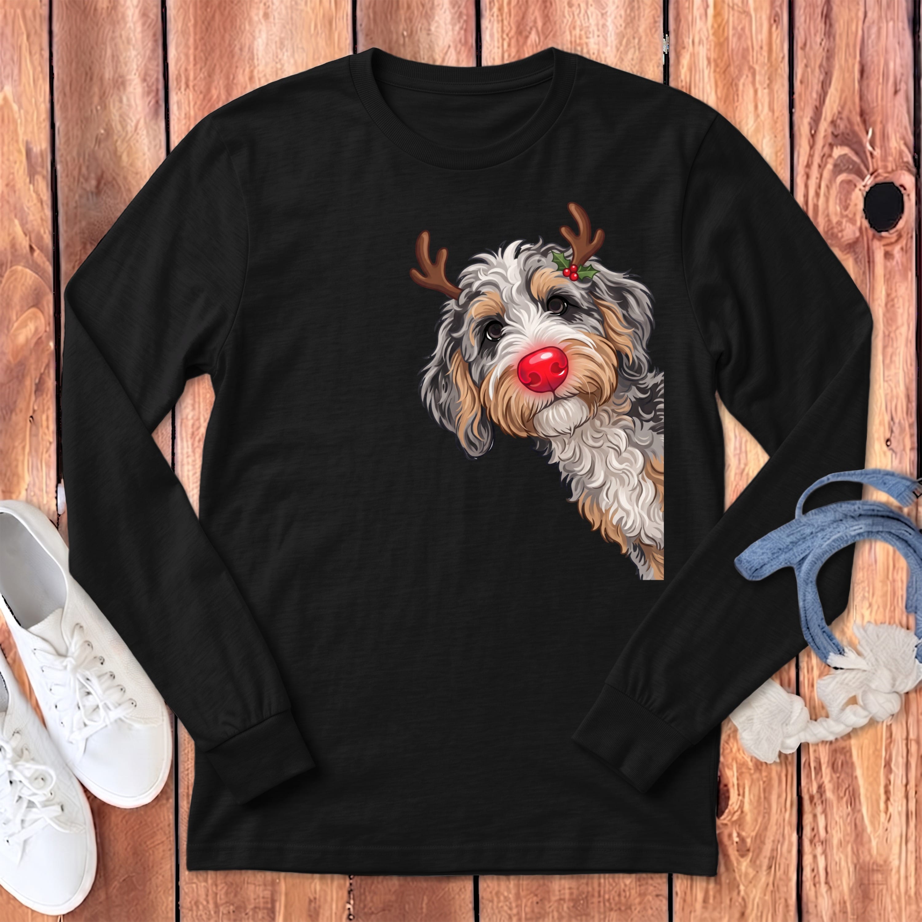 Peeking Rudolph Aussiedoodle Long Sleeve T-Shirt in Dark Grey Heather / S by Puppy Jo