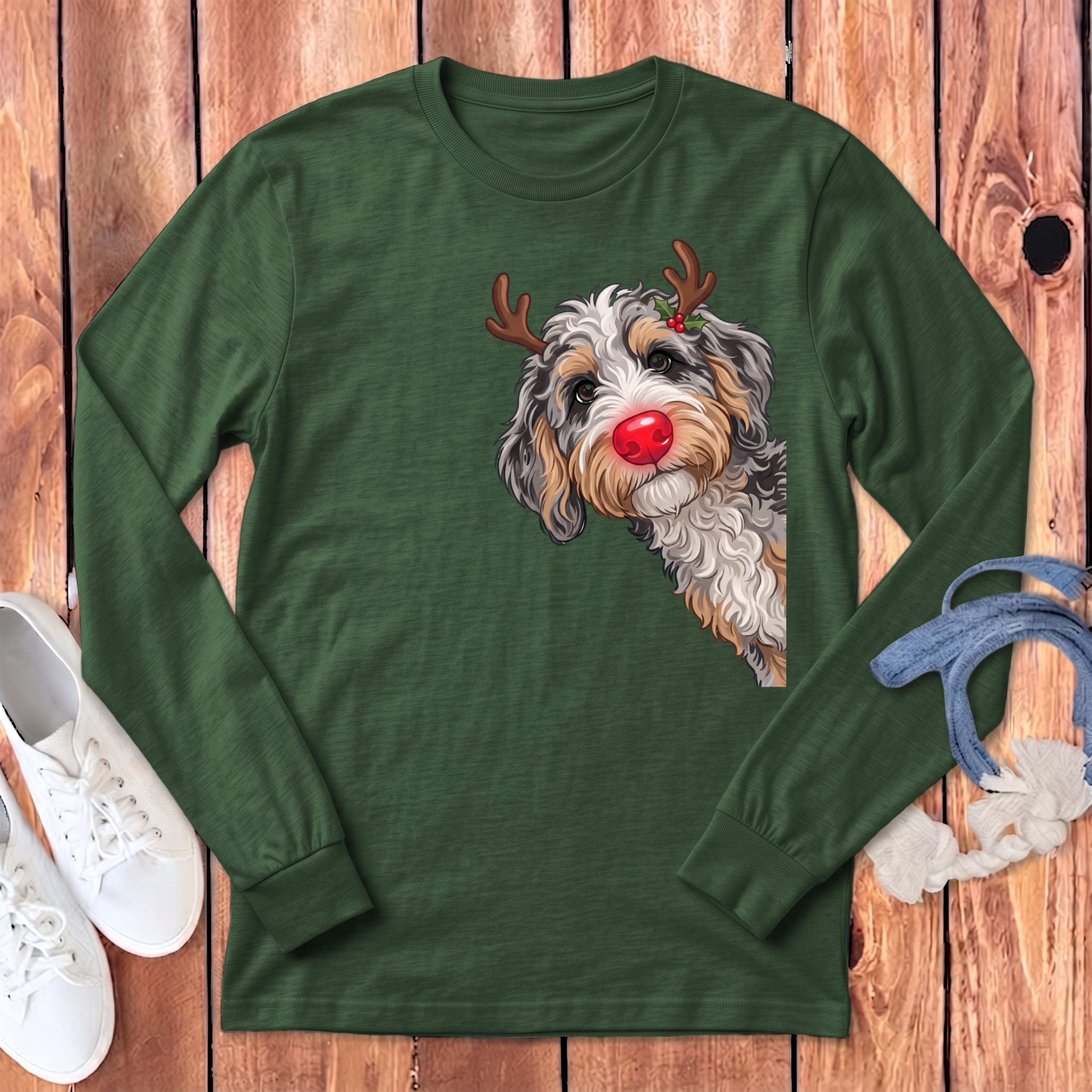 Peeking Rudolph Aussiedoodle Long Sleeve T-Shirt in Heather Forest / S by Puppy Jo