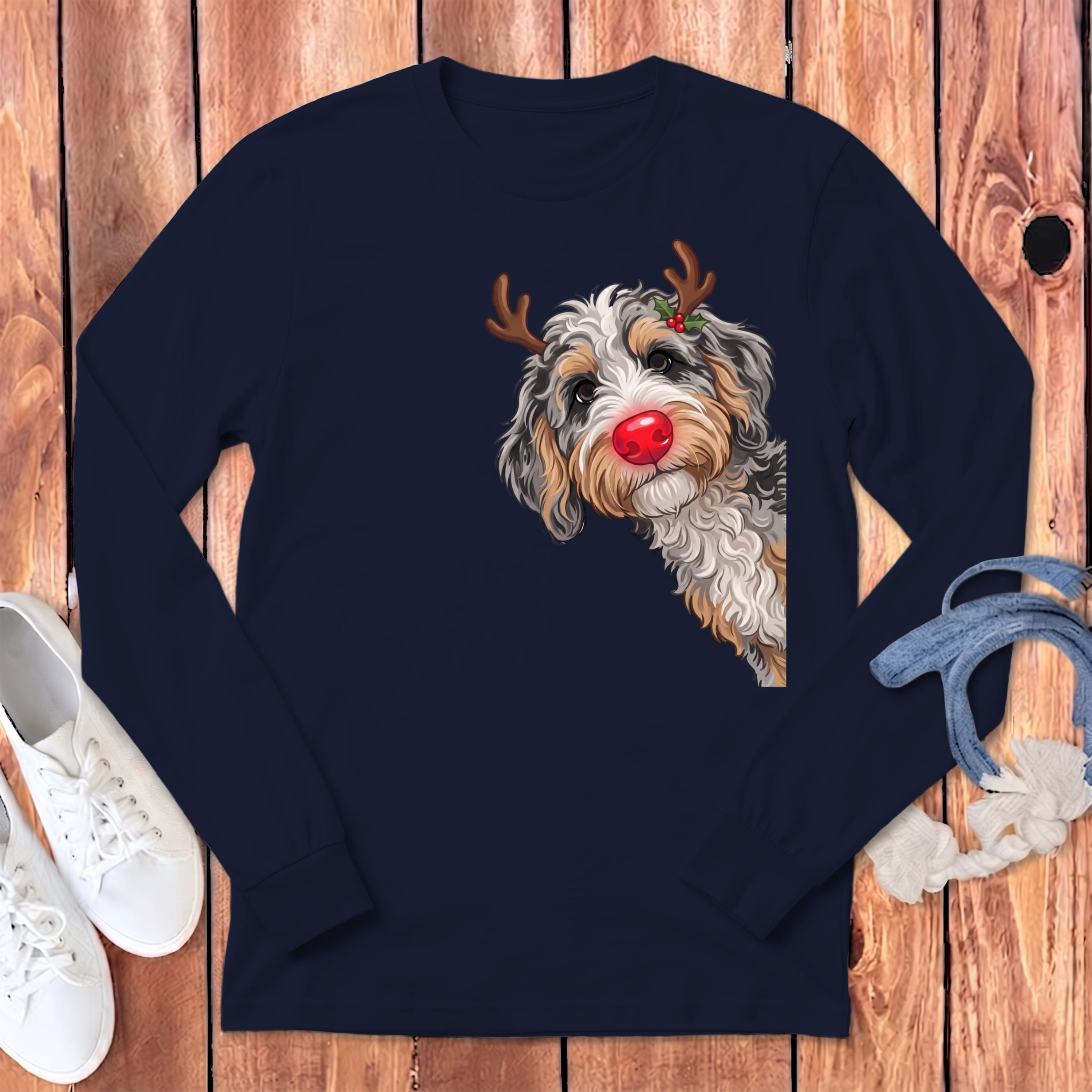 Peeking Rudolph Aussiedoodle Long Sleeve T-Shirt in Navy / S by Puppy Jo