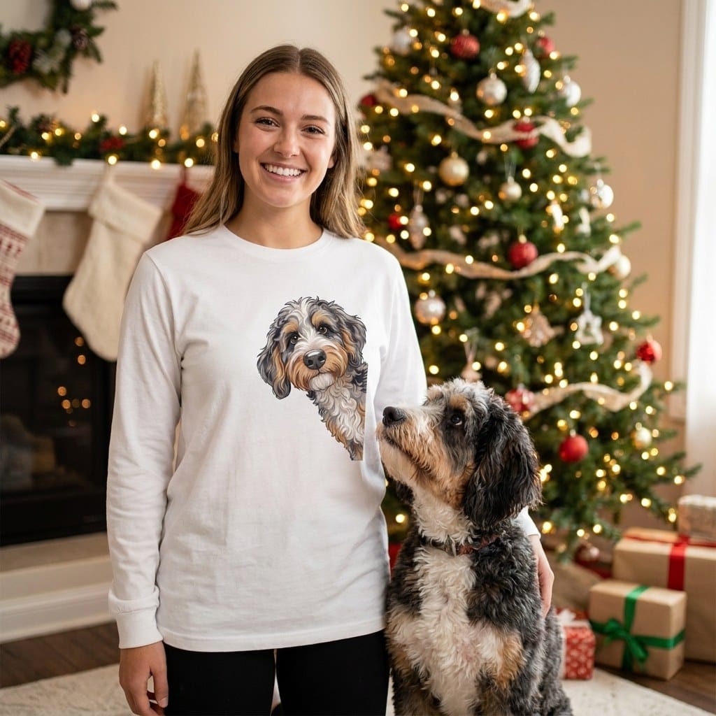 Peeking Rudolph Aussiedoodle Long Sleeve T-Shirt in by Puppy Jo