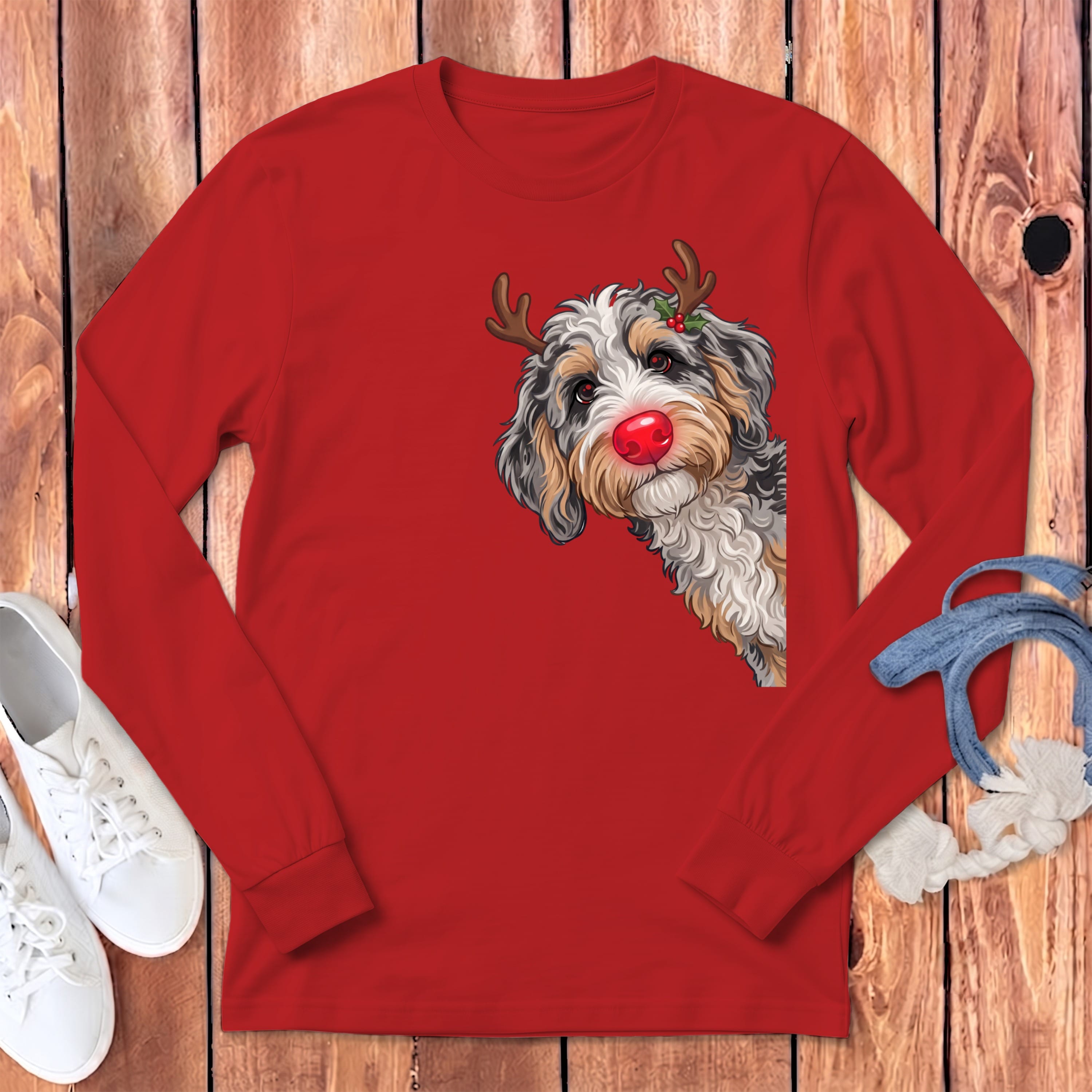 Peeking Rudolph Aussiedoodle Long Sleeve T-Shirt in Red / S by Puppy Jo