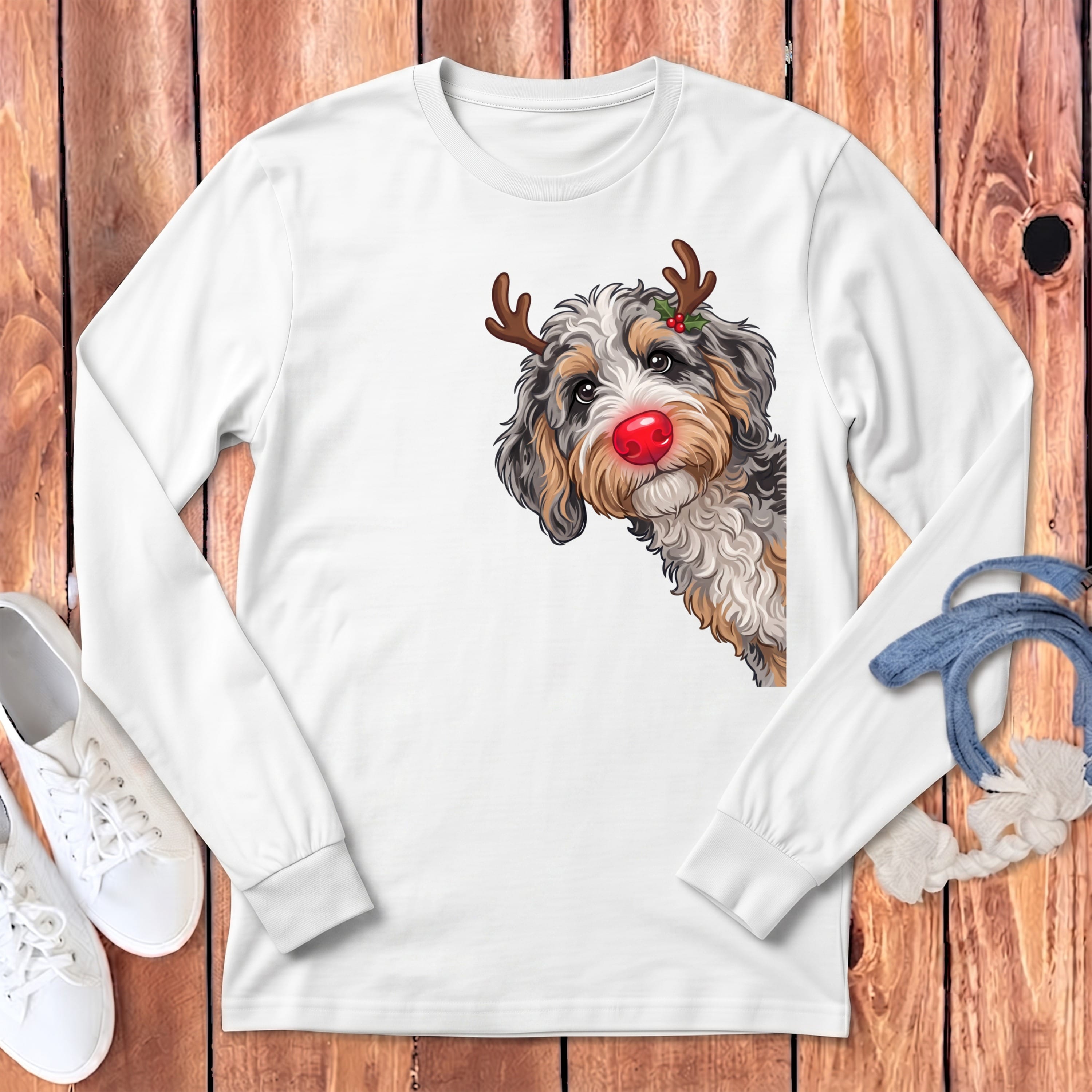 Peeking Rudolph Aussiedoodle Long Sleeve T-Shirt in White / S by Puppy Jo