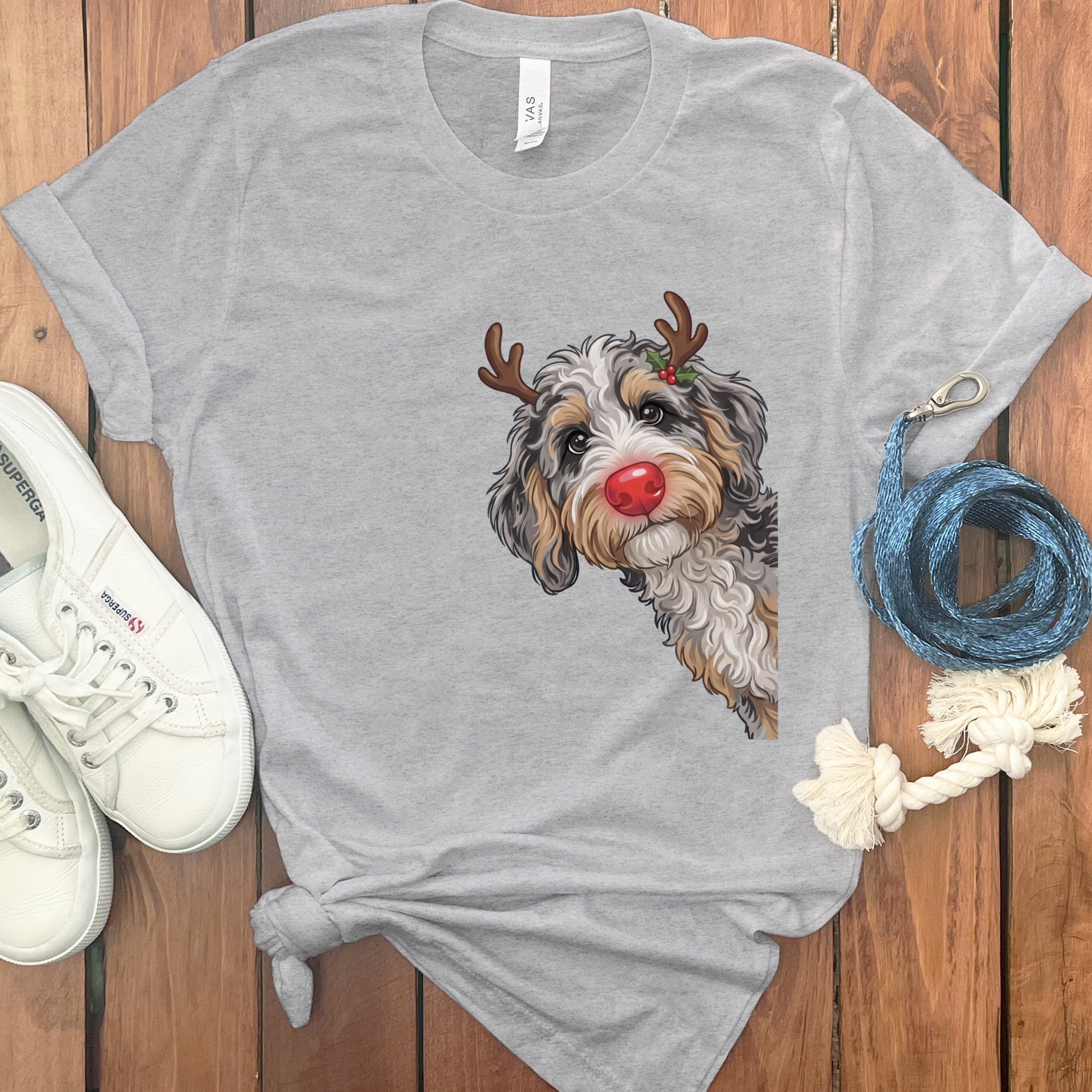 Peeking Rudolph Aussiedoodle T-Shirt in Athletic Heather / S / T-Shirts by Puppy Jo
