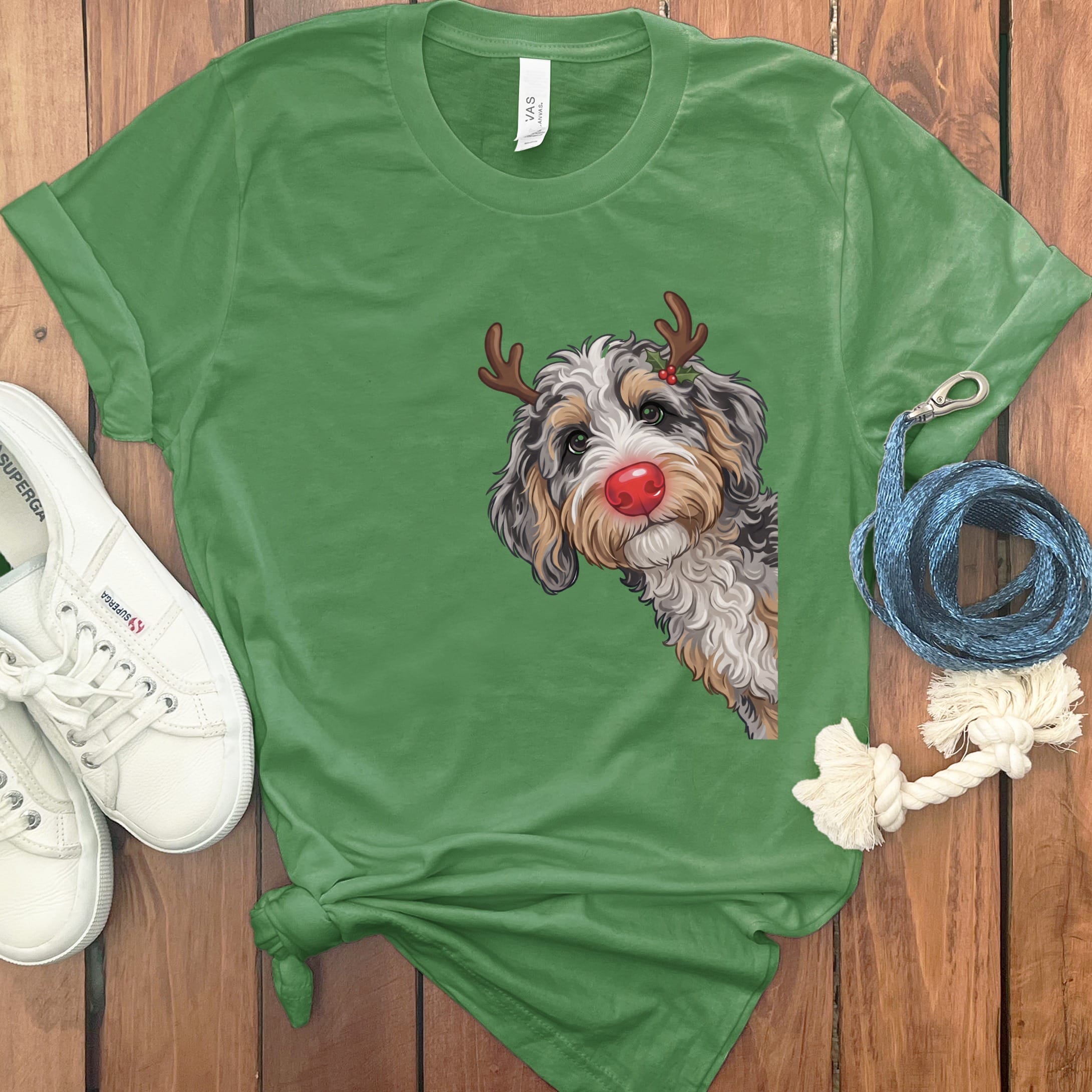 Peeking Rudolph Aussiedoodle T-Shirt in Leaf / S / T-Shirts by Puppy Jo
