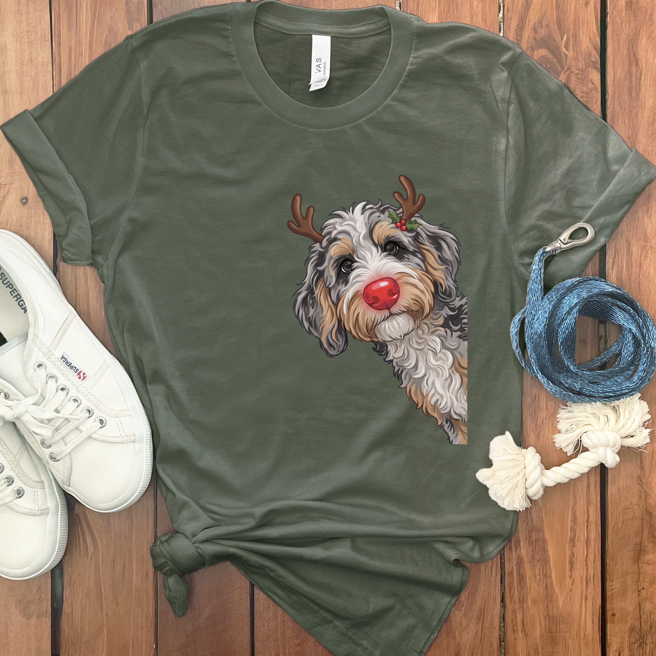 Peeking Rudolph Aussiedoodle T-Shirt in Military Green / S / T-Shirts by Puppy Jo