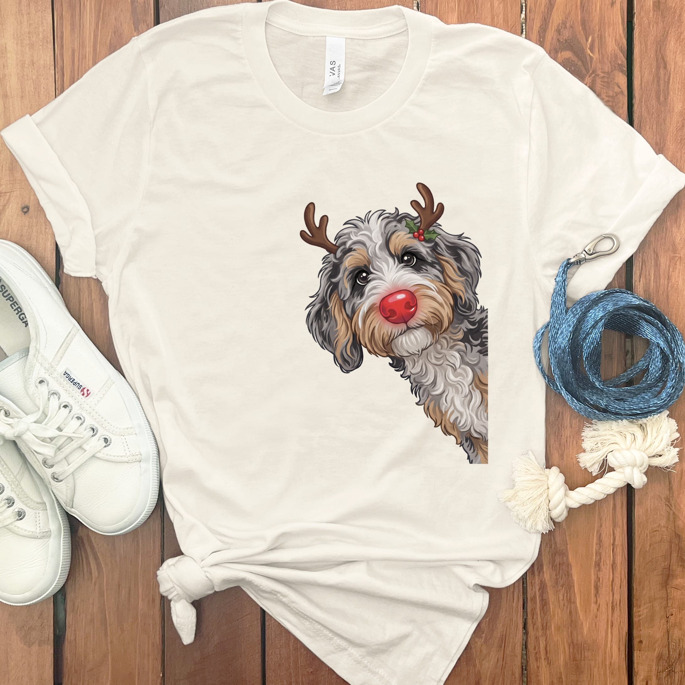 Peeking Rudolph Aussiedoodle T-Shirt in Natural / S / T-Shirts by Puppy Jo
