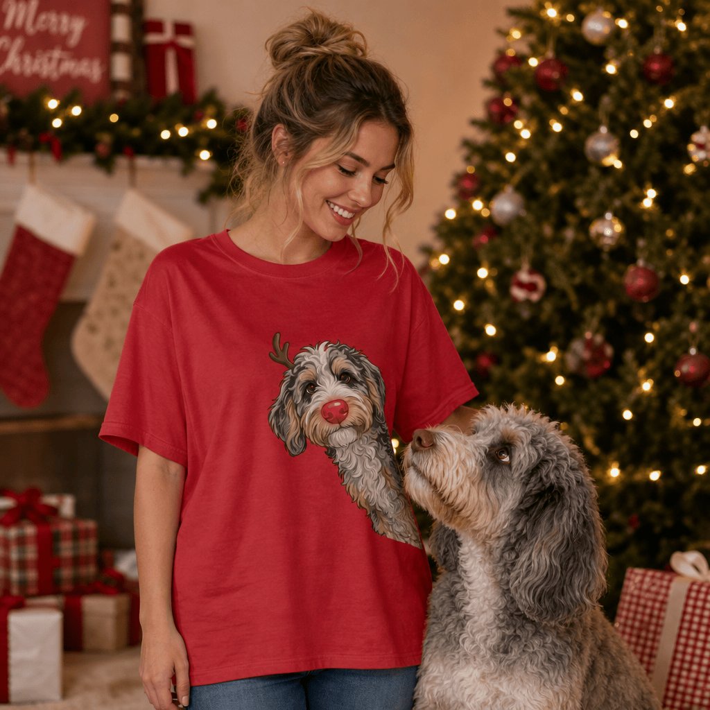Peeking Rudolph Aussiedoodle T-Shirt in by Puppy Jo