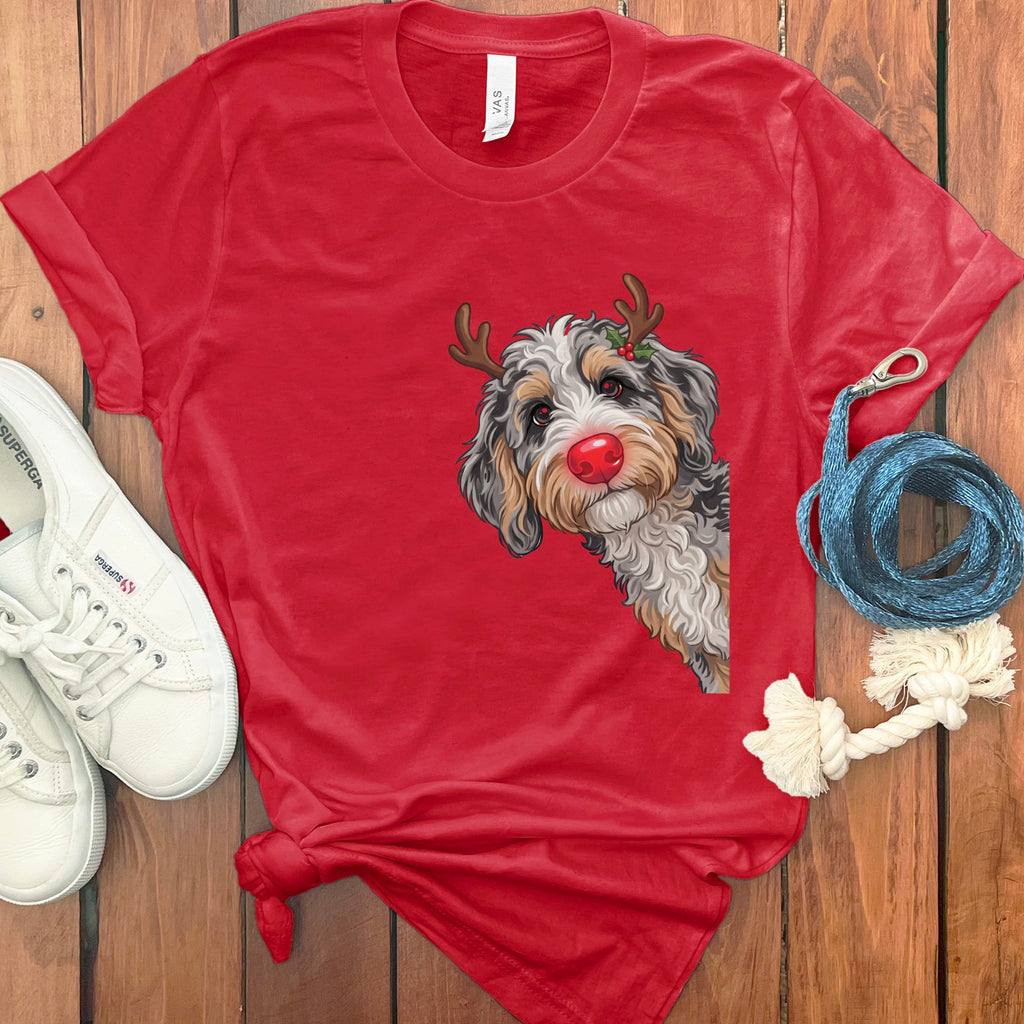 Peeking Rudolph Aussiedoodle T-Shirt in Red / S / T-Shirts by Puppy Jo
