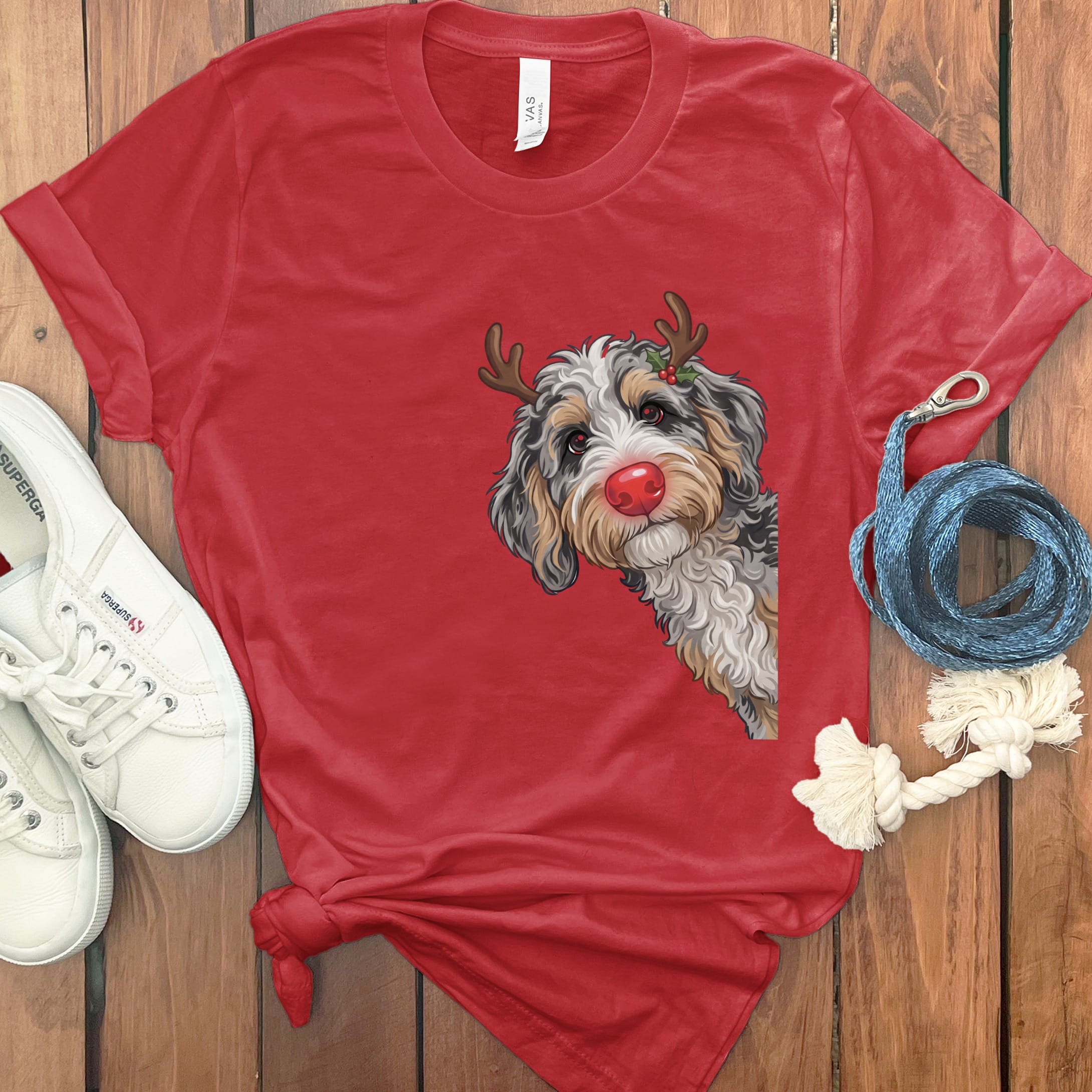 Peeking Rudolph Aussiedoodle T-Shirt in Red / S / T-Shirts by Puppy Jo
