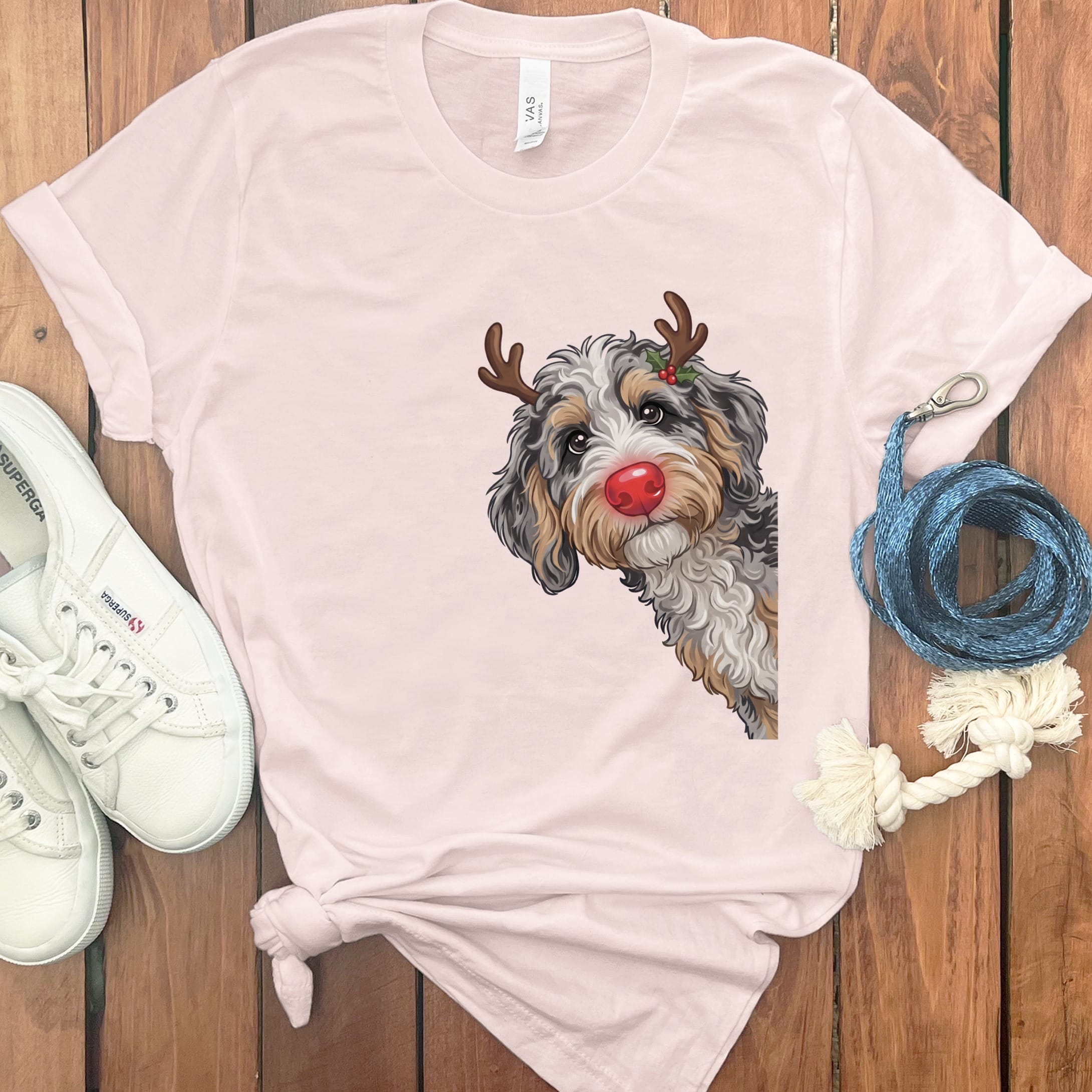 Peeking Rudolph Aussiedoodle T-Shirt in Soft Pink / M / T-Shirts by Puppy Jo