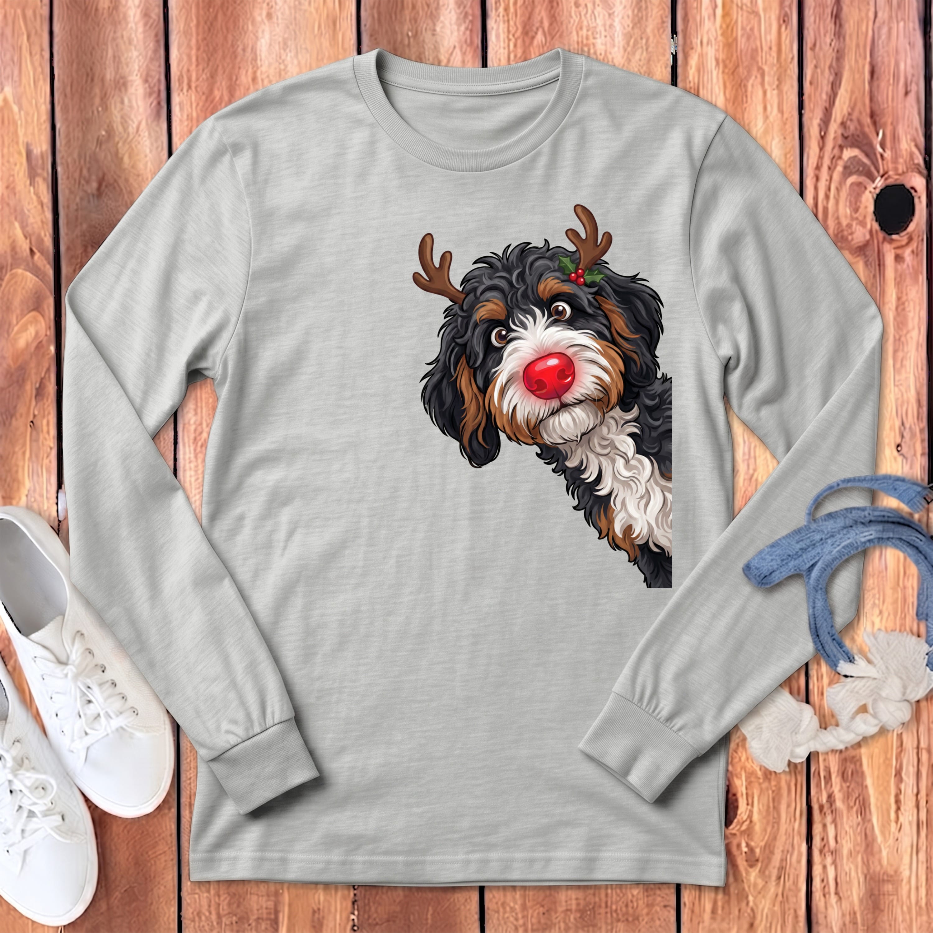 Peeking Rudolph Bernedoodle Long Sleeve T-Shirt in Athletic Heather / S by Puppy Jo
