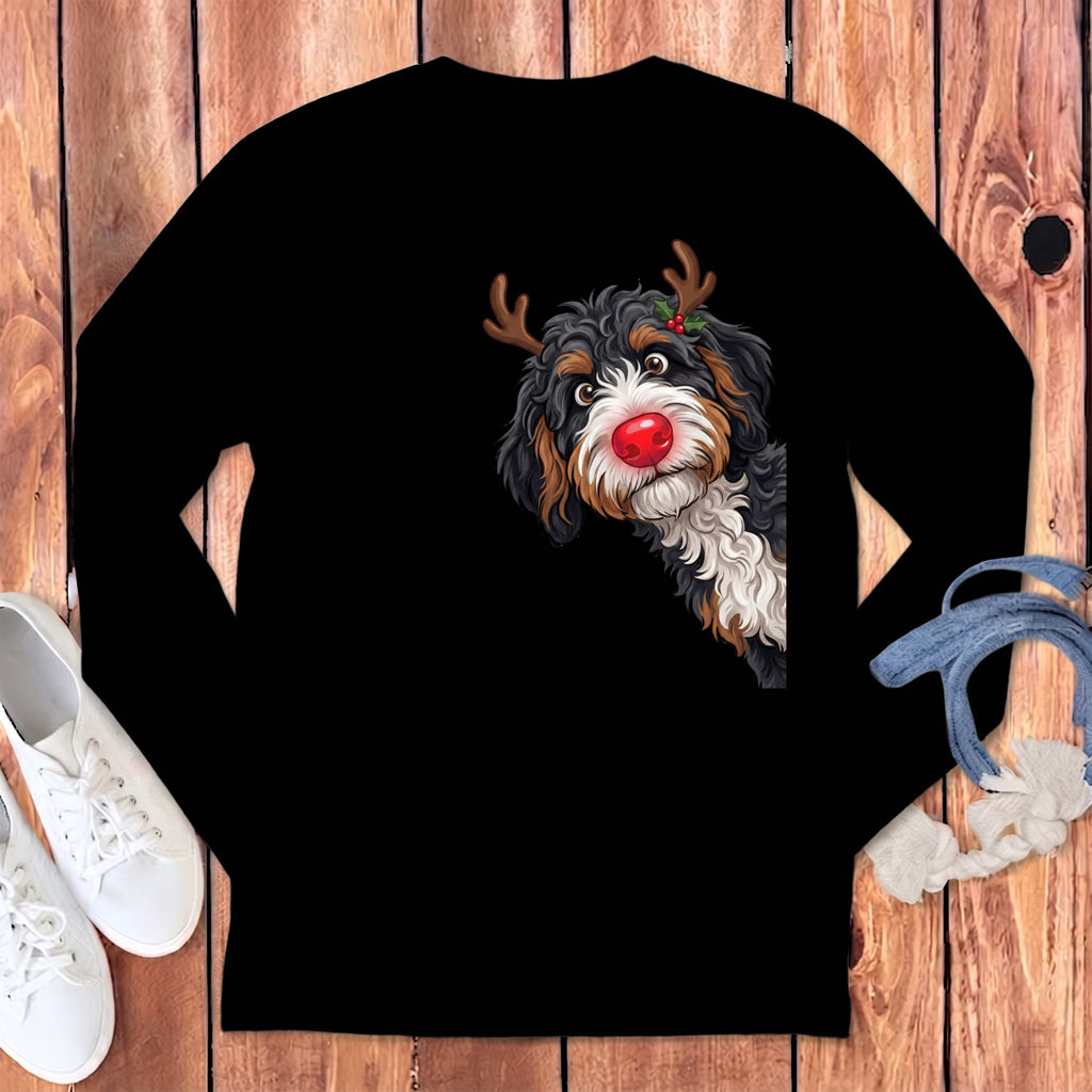 Peeking Rudolph Bernedoodle Long Sleeve T-Shirt in Black / S by Puppy Jo