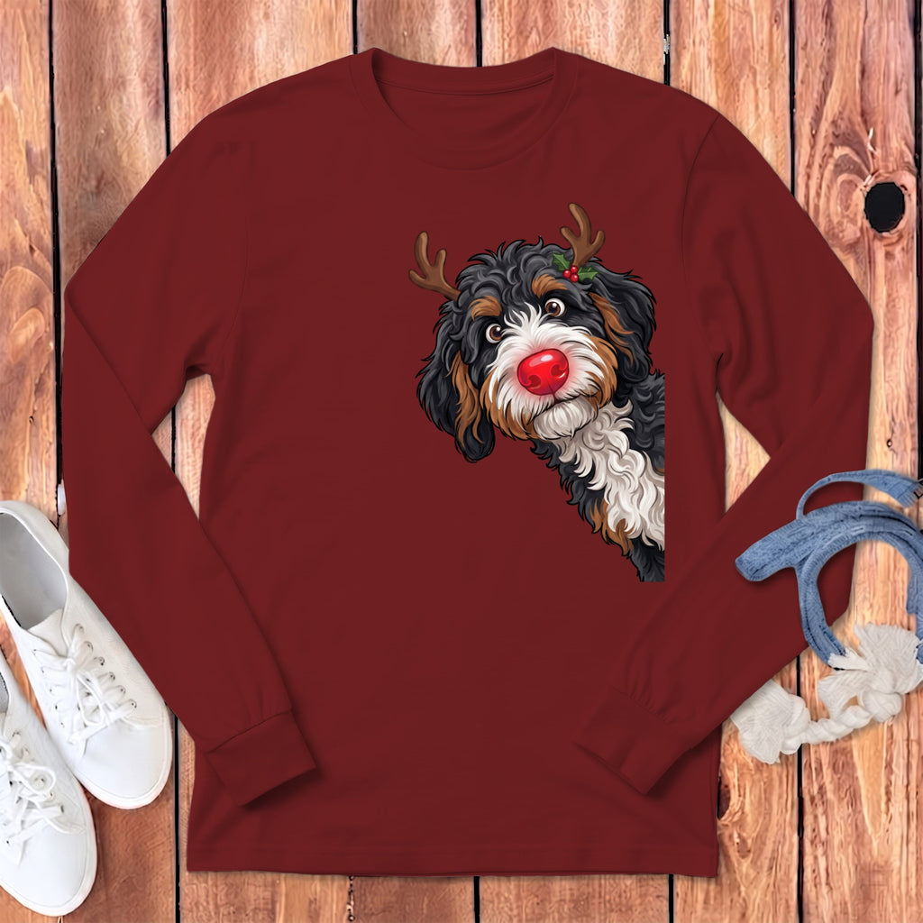 Peeking Rudolph Bernedoodle Long Sleeve T-Shirt in Cardinal / S by Puppy Jo