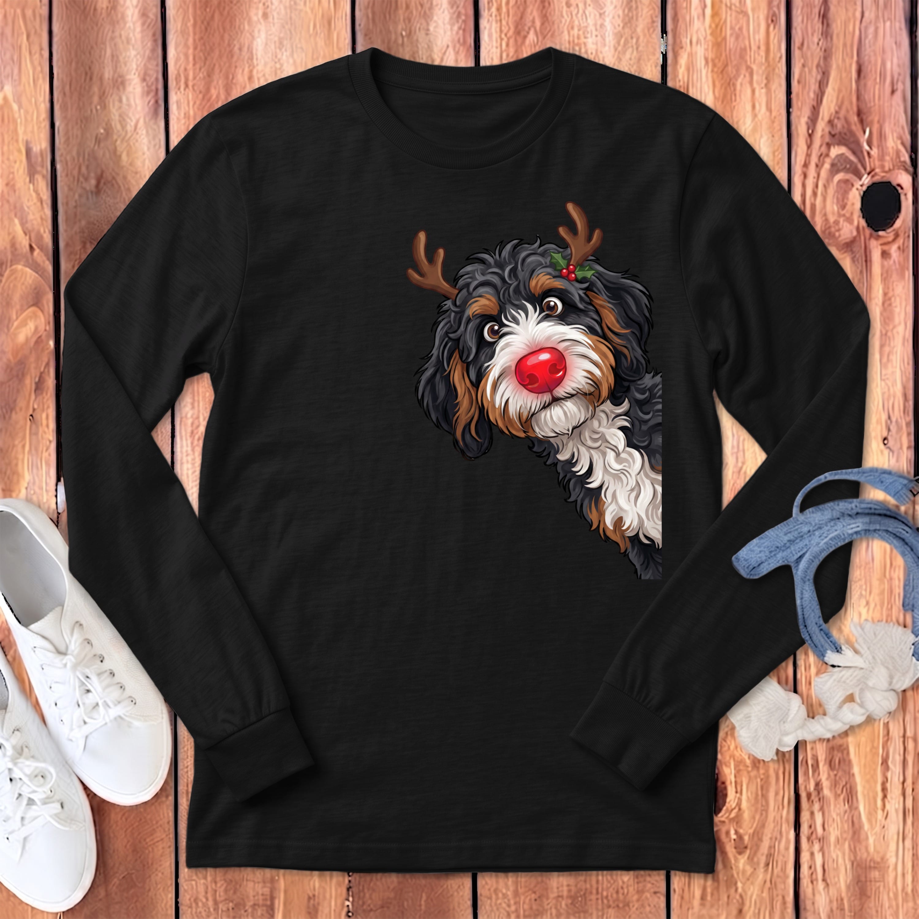 Peeking Rudolph Bernedoodle Long Sleeve T-Shirt in Dark Grey Heather / S by Puppy Jo