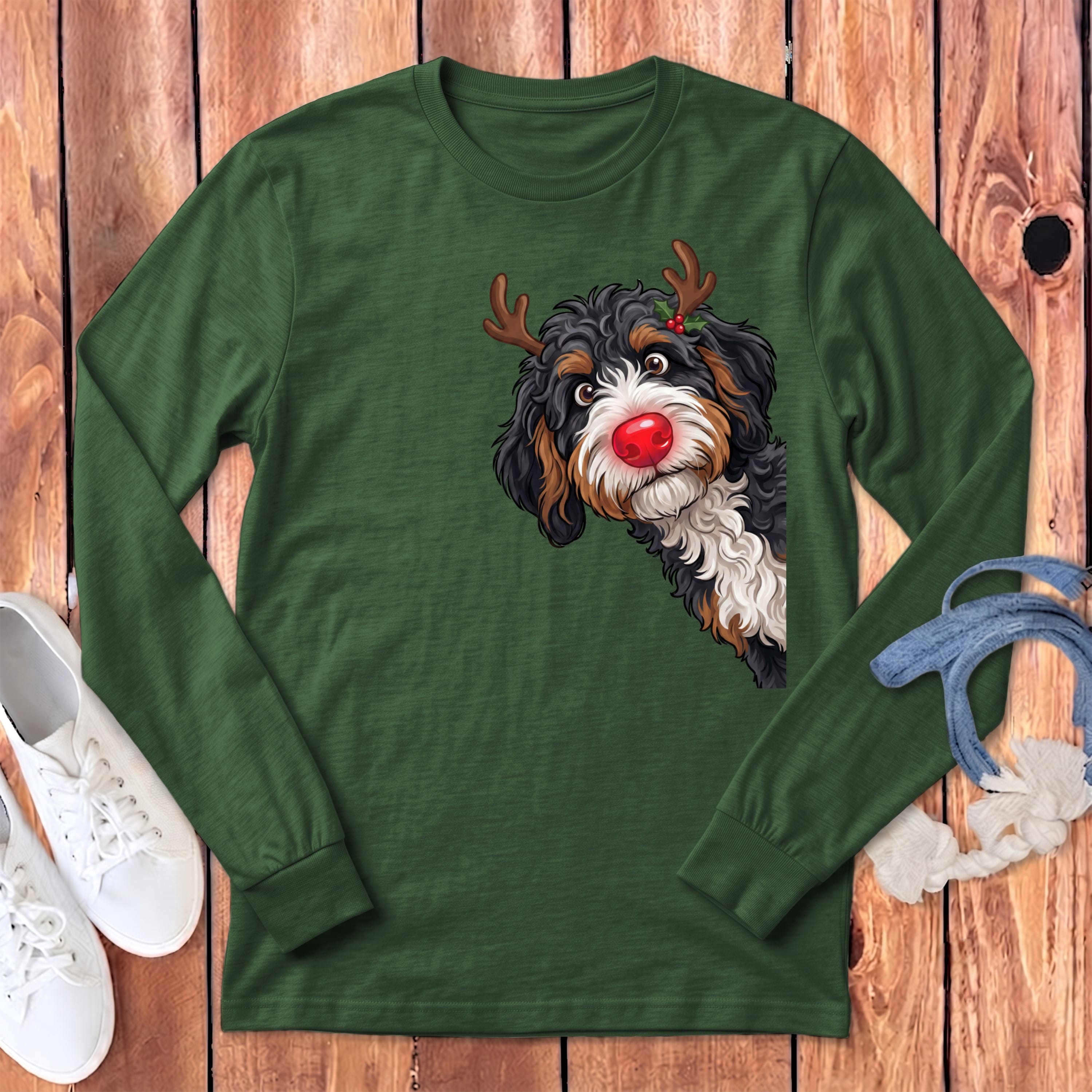Peeking Rudolph Bernedoodle Long Sleeve T-Shirt in Heather Forest / S by Puppy Jo