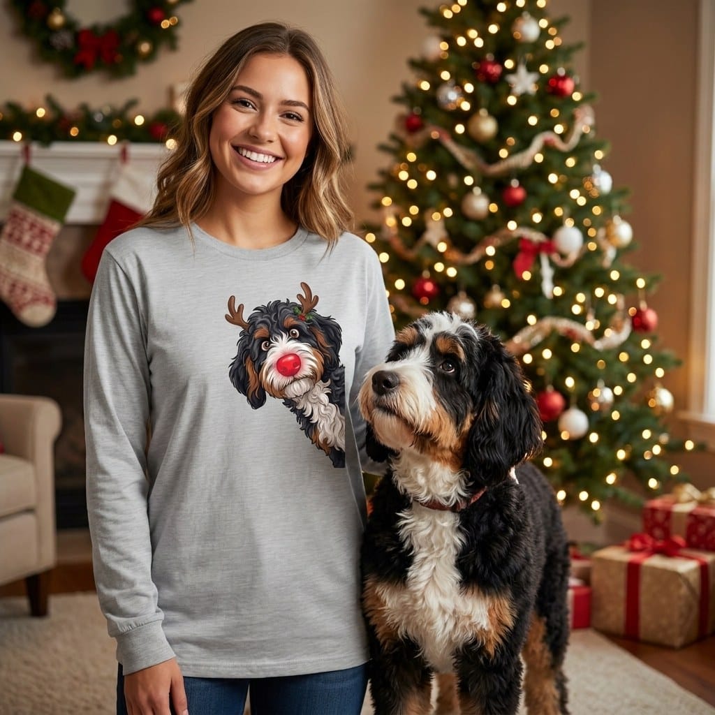 Peeking Rudolph Bernedoodle Long Sleeve T-Shirt in by Puppy Jo