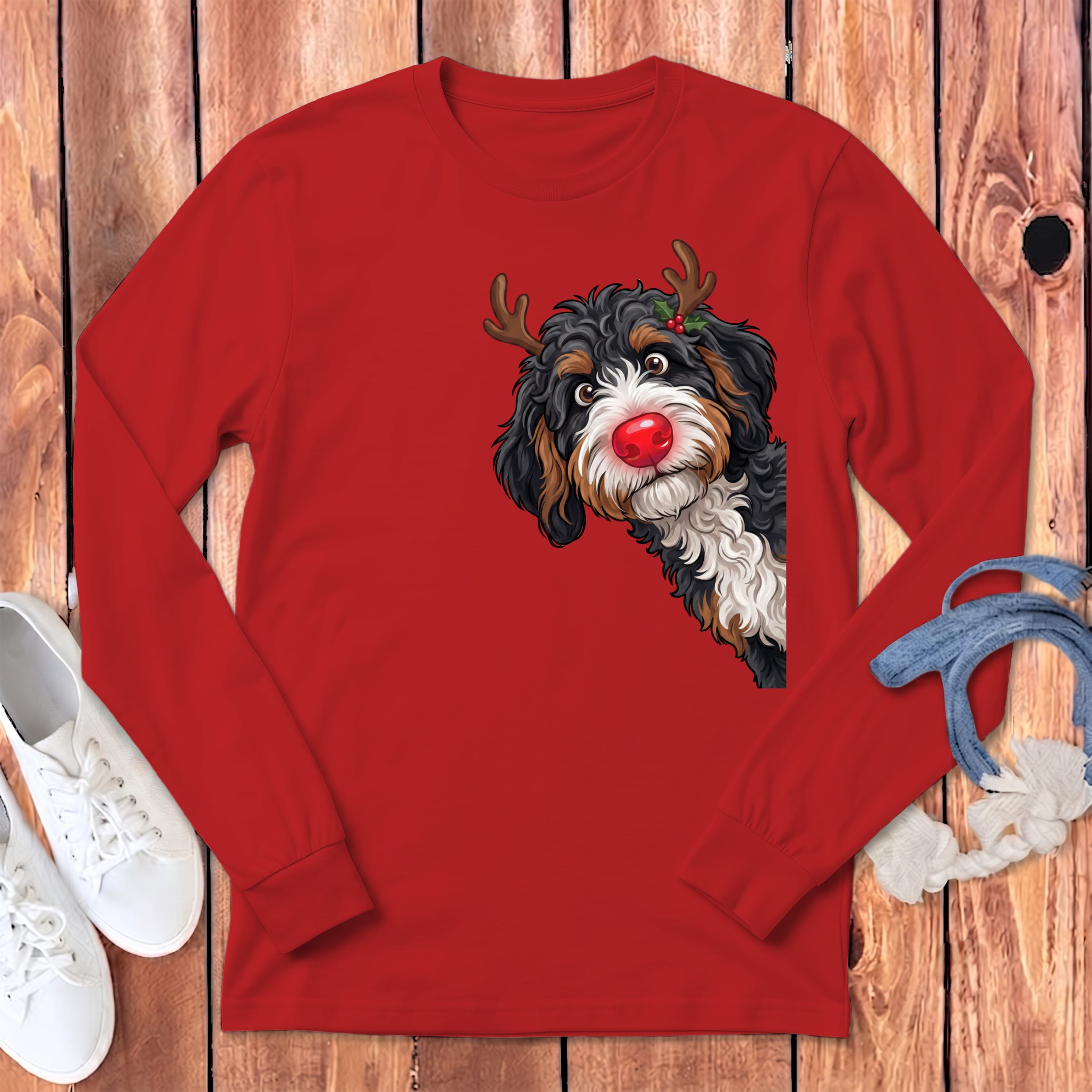 Peeking Rudolph Bernedoodle Long Sleeve T-Shirt in Red / S by Puppy Jo