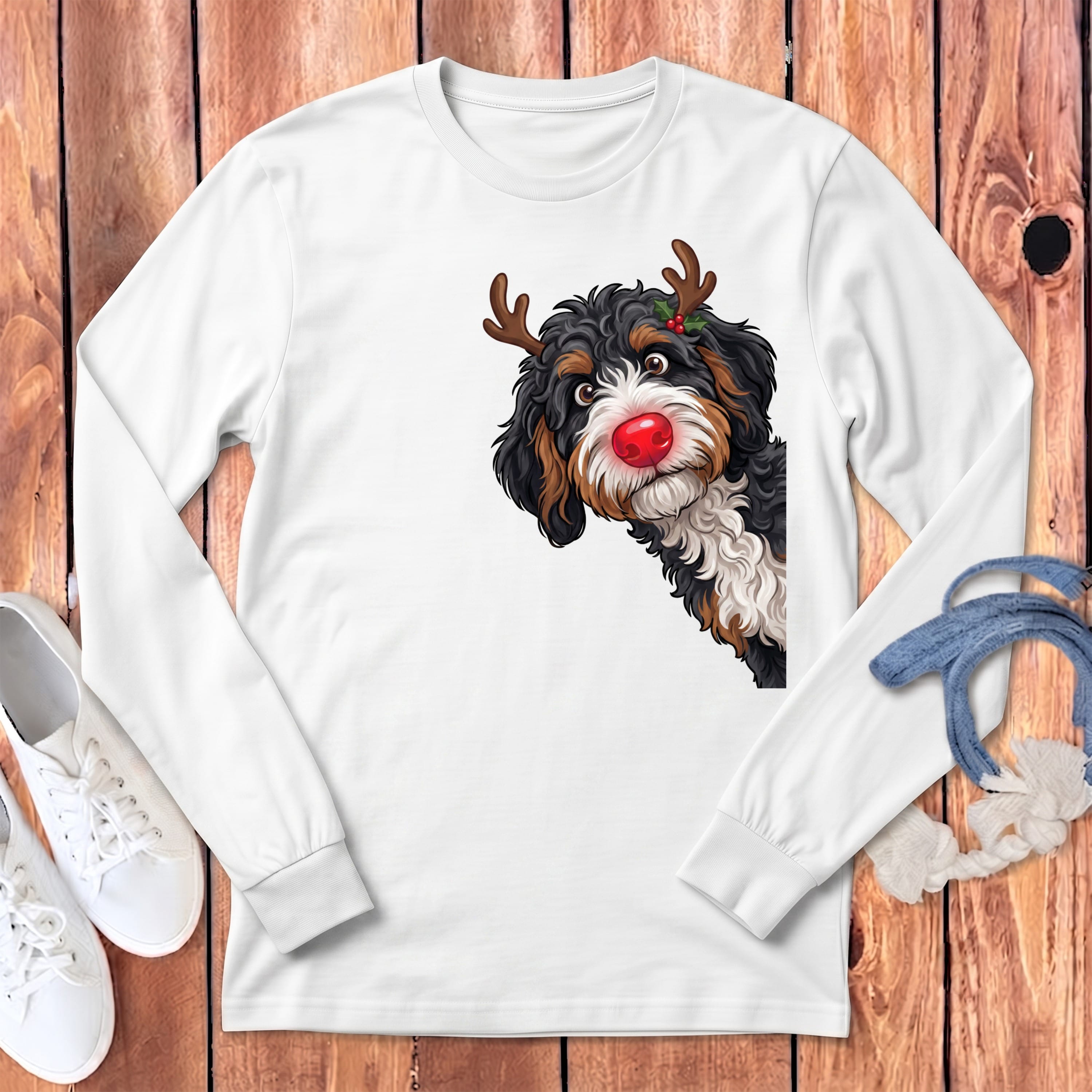 Peeking Rudolph Bernedoodle Long Sleeve T-Shirt in White / S by Puppy Jo