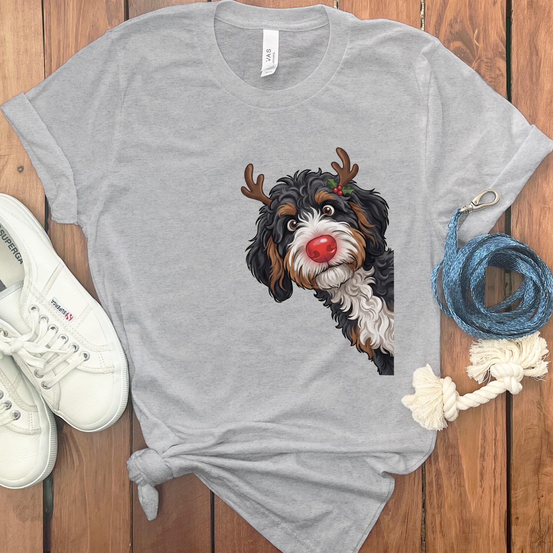 Peeking Rudolph Bernedoodle T-Shirt in Athletic Heather / M / T-Shirts by Puppy Jo