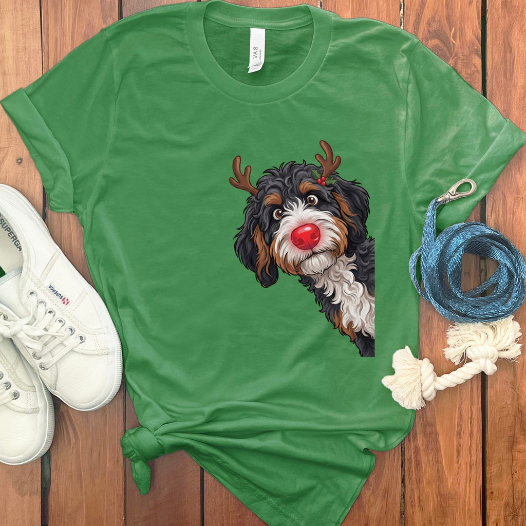 Peeking Rudolph Bernedoodle T-Shirt in Leaf / M / T-Shirts by Puppy Jo