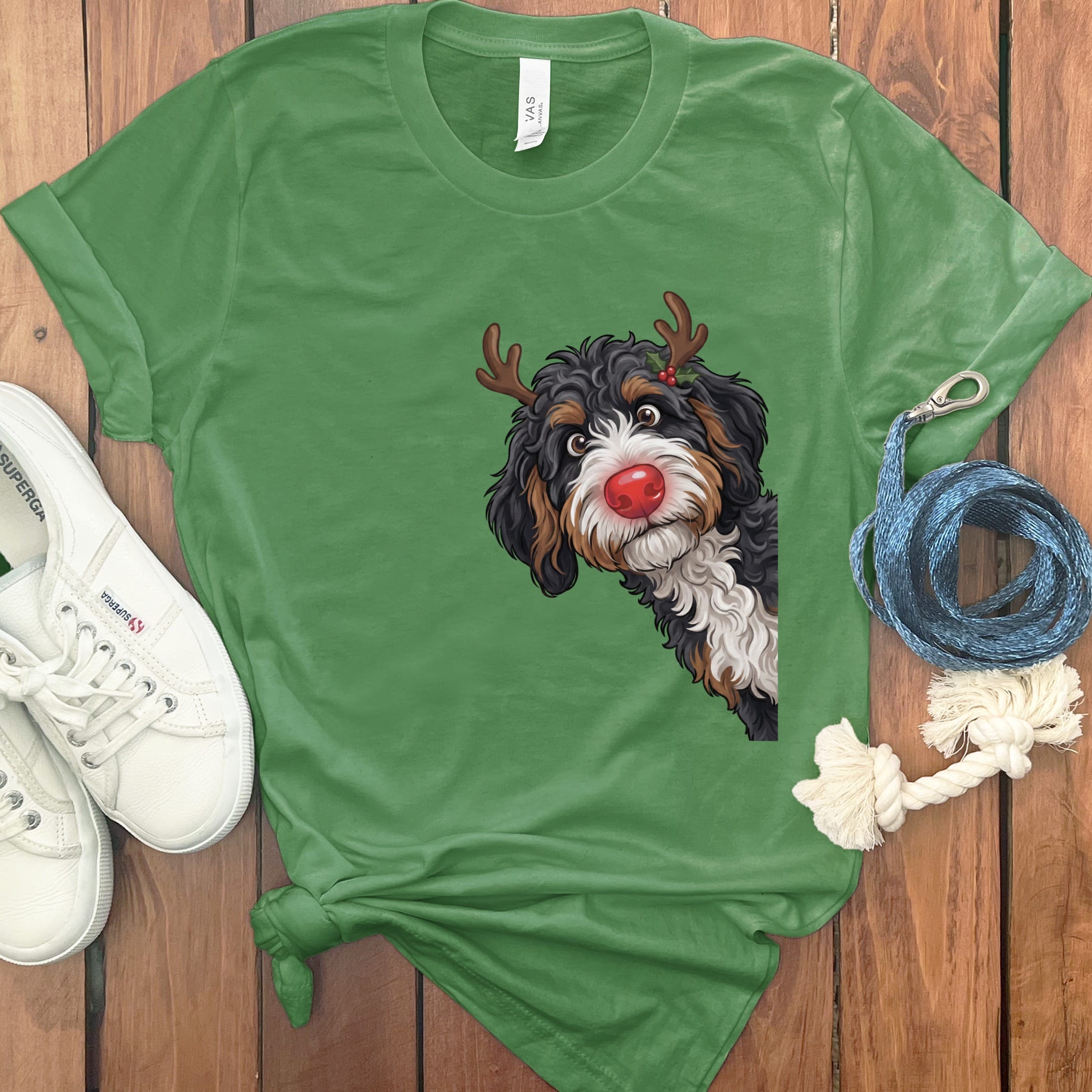 Peeking Rudolph Bernedoodle T-Shirt in Leaf / M / T-Shirts by Puppy Jo