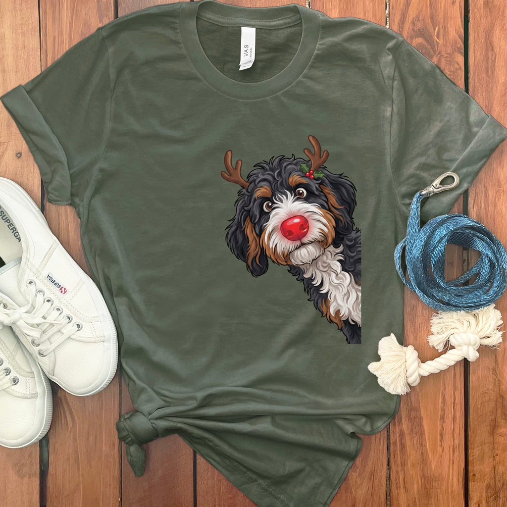 Peeking Rudolph Bernedoodle T-Shirt in Military Green / M / T-Shirts by Puppy Jo