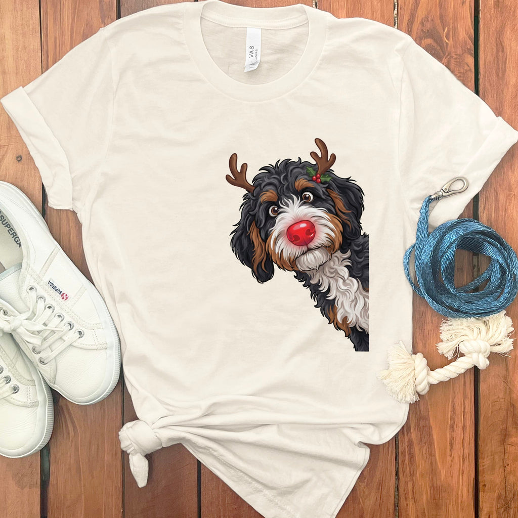 Peeking Rudolph Bernedoodle T-Shirt in Natural / M / T-Shirts by Puppy Jo