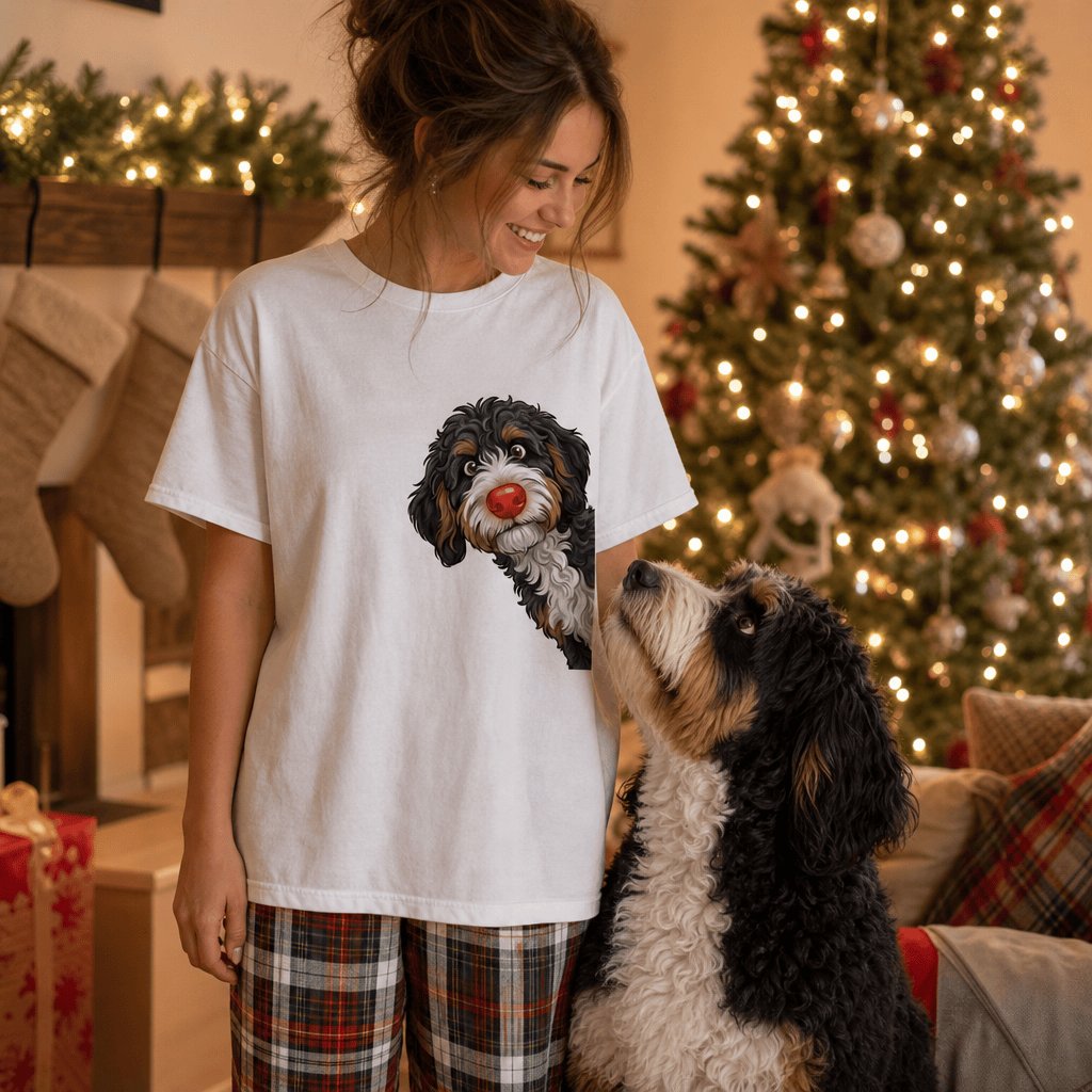 Peeking Rudolph Bernedoodle T-Shirt in by Puppy Jo